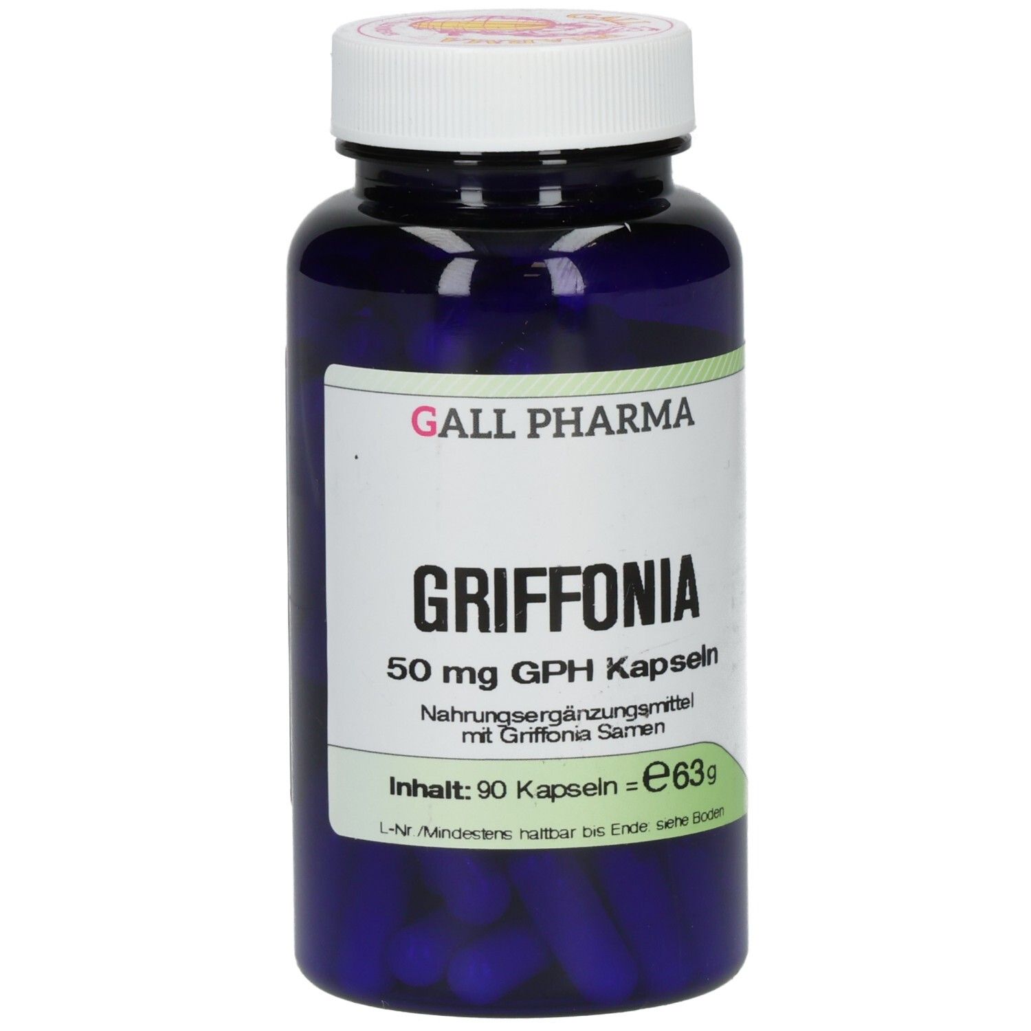 Blaue Flasche mit weißen Kapseln. Aufschrift: GRIFFONIA 50 mg GPH Kapseln. 90 Kapseln. Marke: GALL PHARMA.
