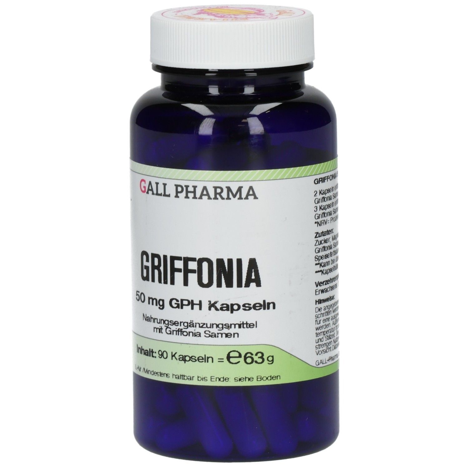 Blaue Flasche mit weißen Kapseln. Aufschrift: GRIFFONIA 50 mg GPH Kapseln. 90 Kapseln. Marke: GALL PHARMA.