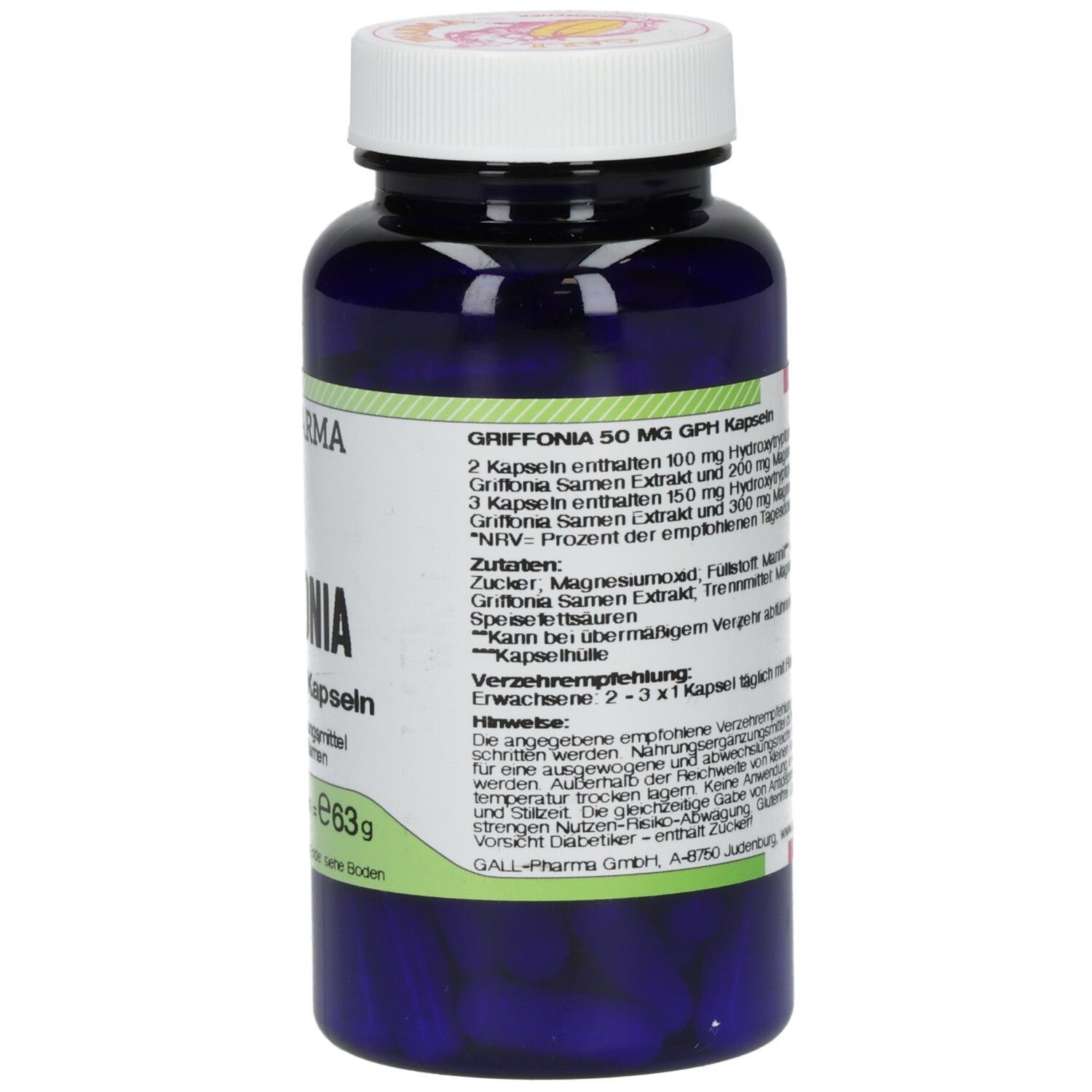 Blaue Flasche mit weißen Kapseln. Rückseite mit Text. Marke: GALL PHARMA.