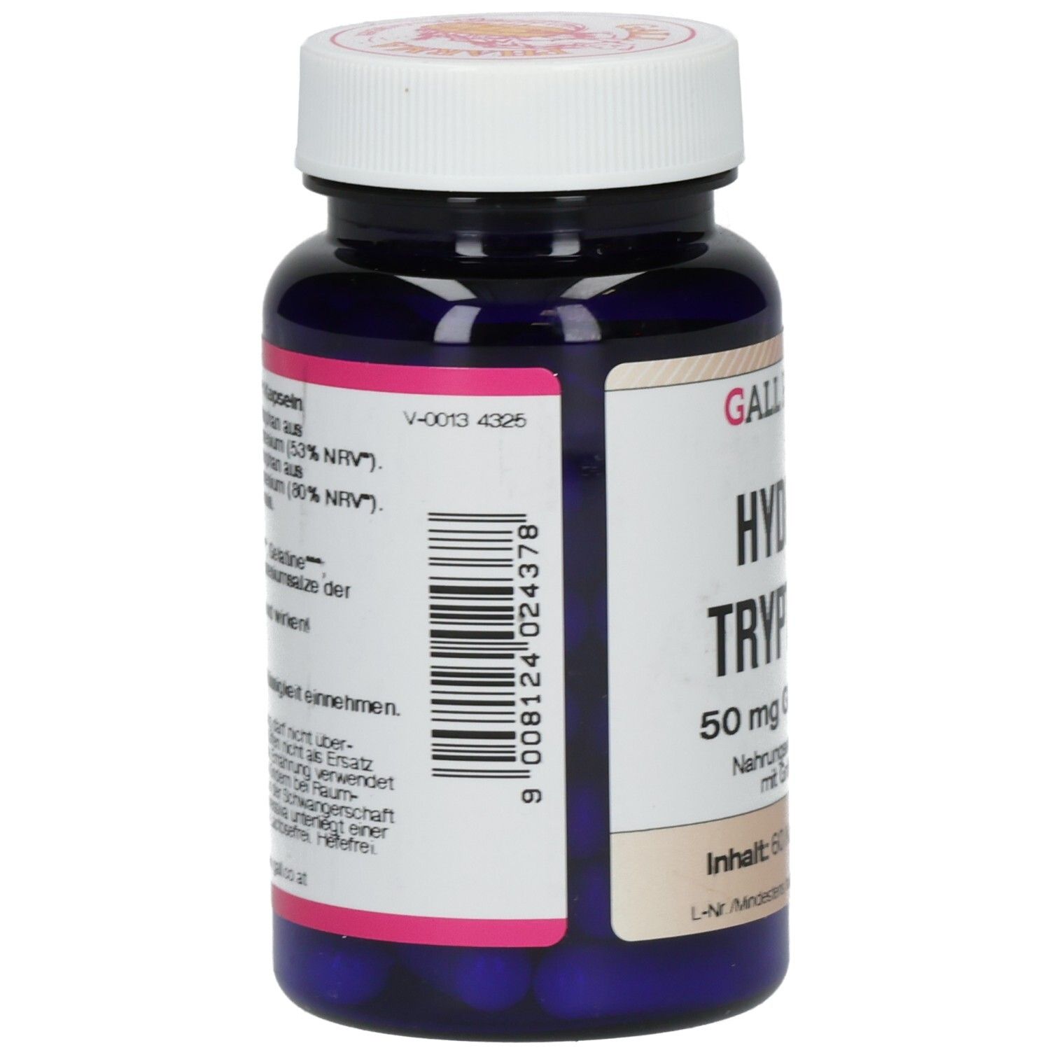 Rückseite der blauen Flasche mit weißen Kapseln. Barcode und Text. GALL PHARMA Hydroxy-Tryptophan 50 mg GPH Kapseln.