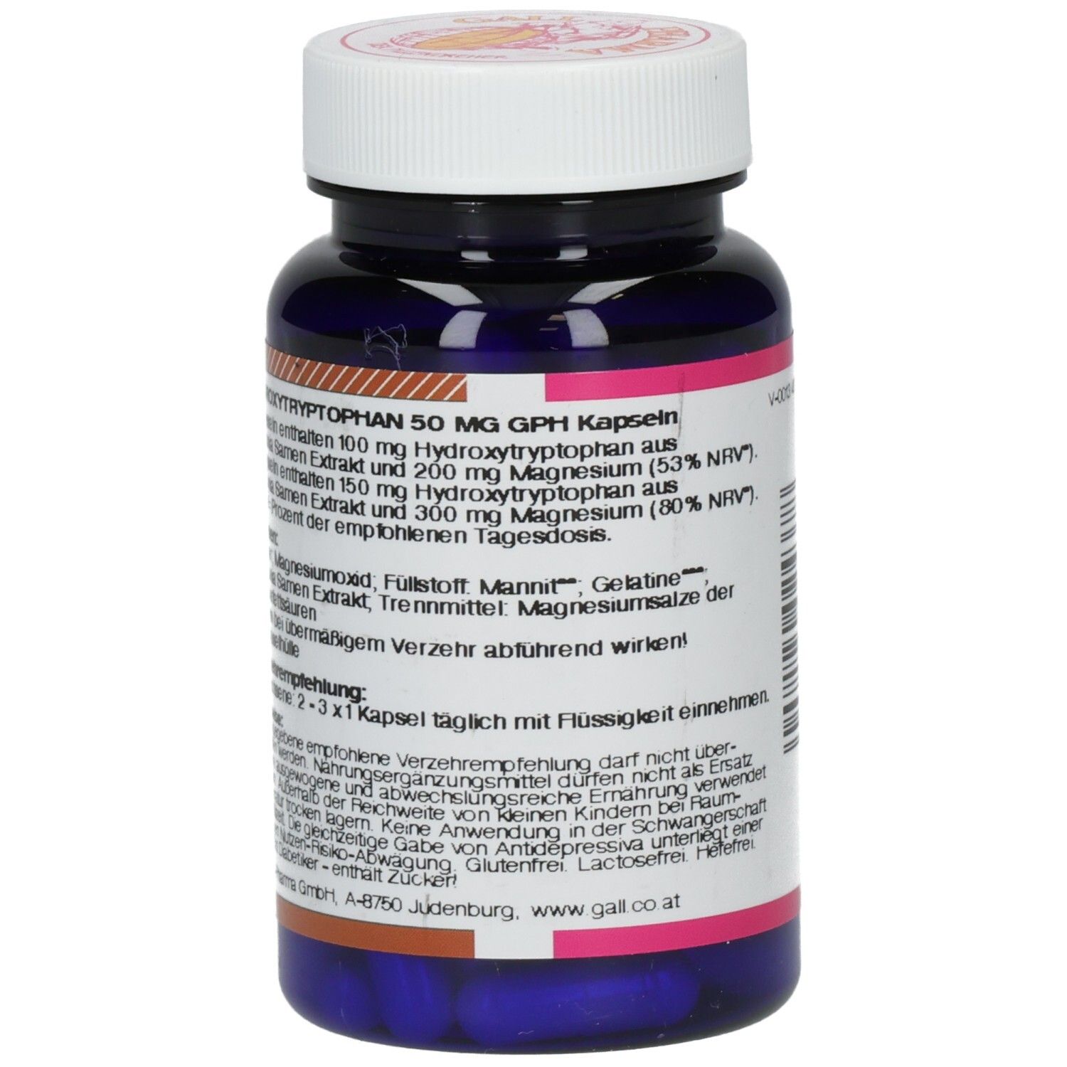 Rückseite der blauen Flasche mit weißen Kapseln. Text mit Inhaltsstoffen und Verzehrempfehlung. GALL PHARMA.