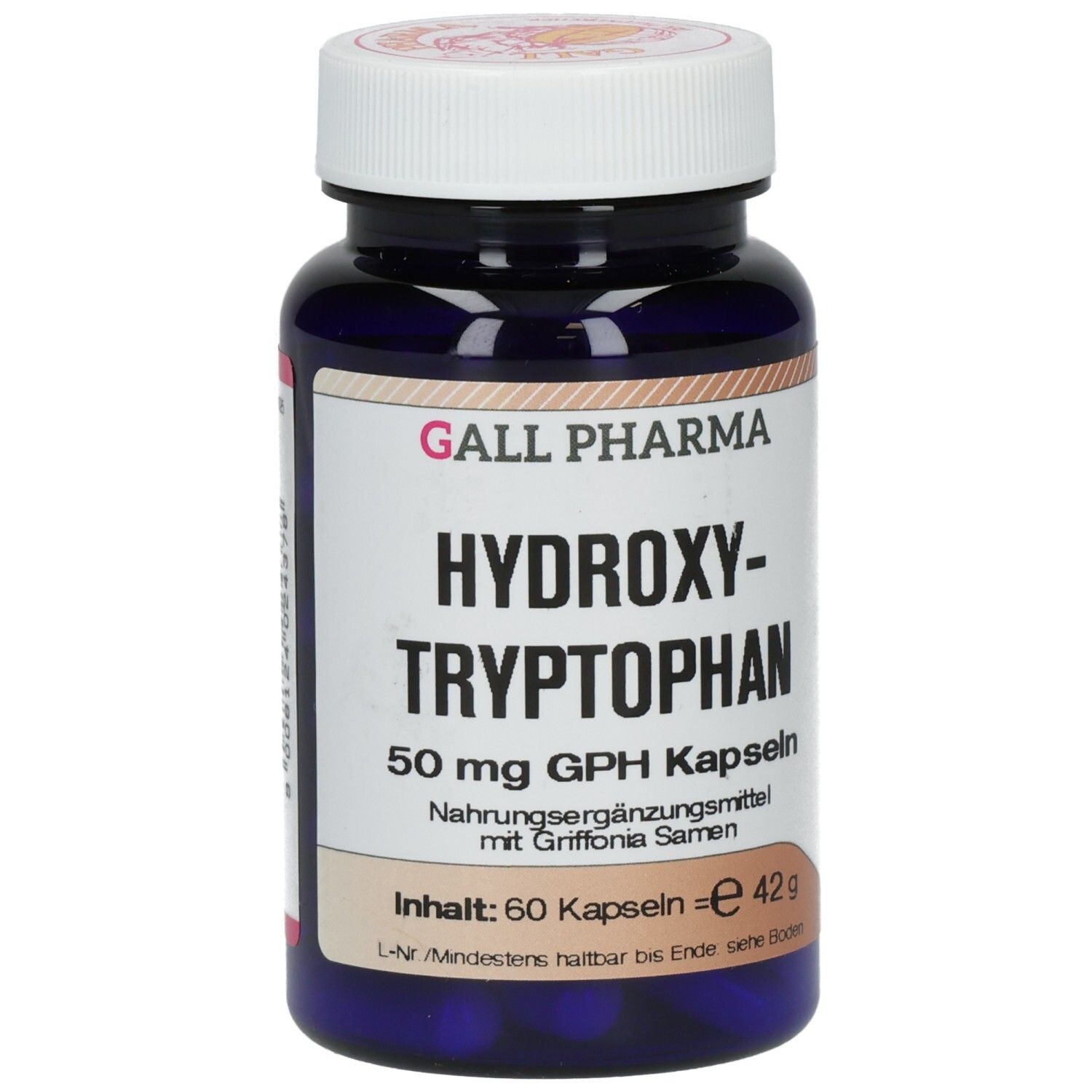 Blaue Flasche mit weißen Kapseln. Aufschrift: GALL PHARMA Hydroxy-Tryptophan 50 mg GPH Kapseln. 60 Kapseln.