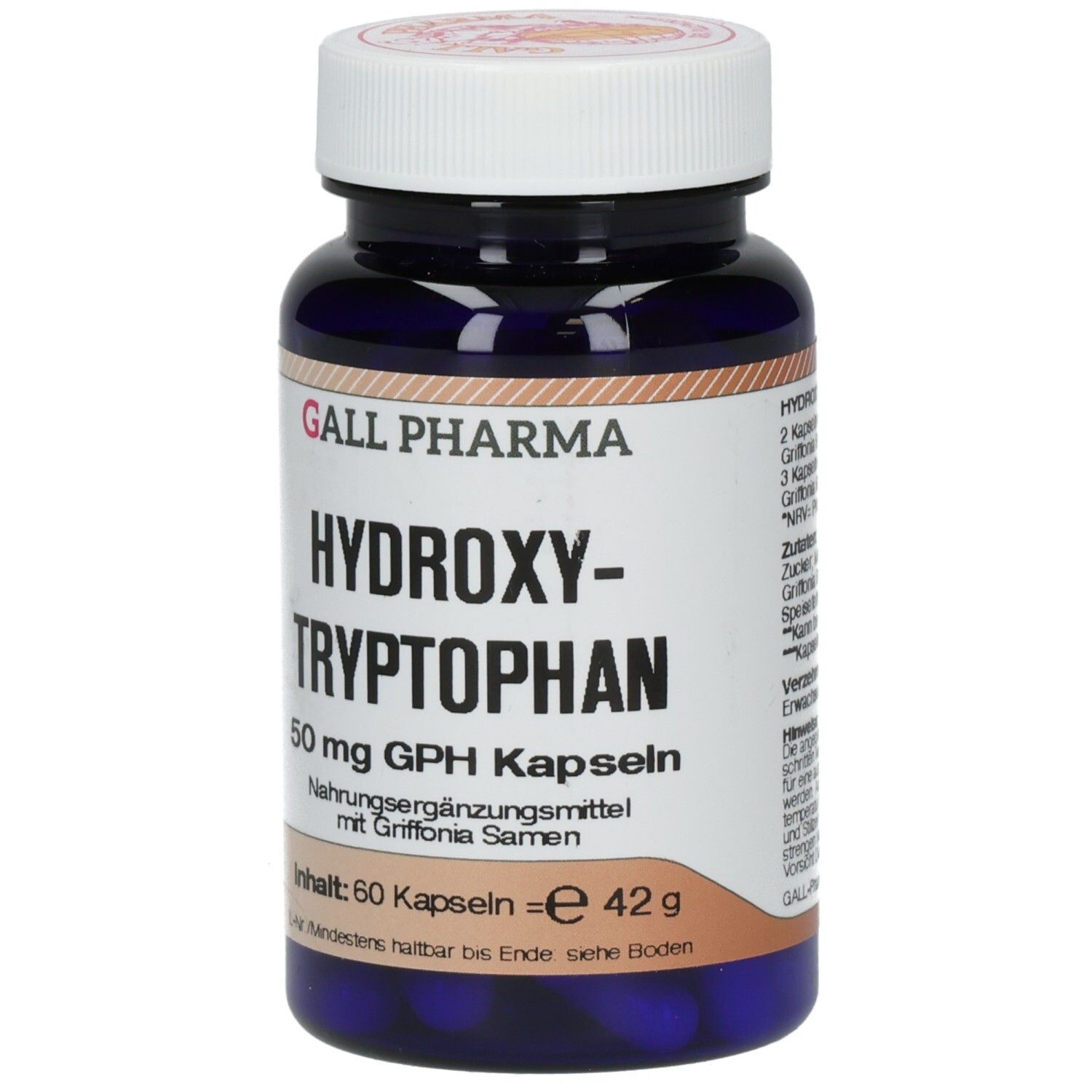 Blaue Flasche mit weißen Kapseln. Aufschrift: GALL PHARMA Hydroxy-Tryptophan 50 mg GPH Kapseln. 60 Kapseln.