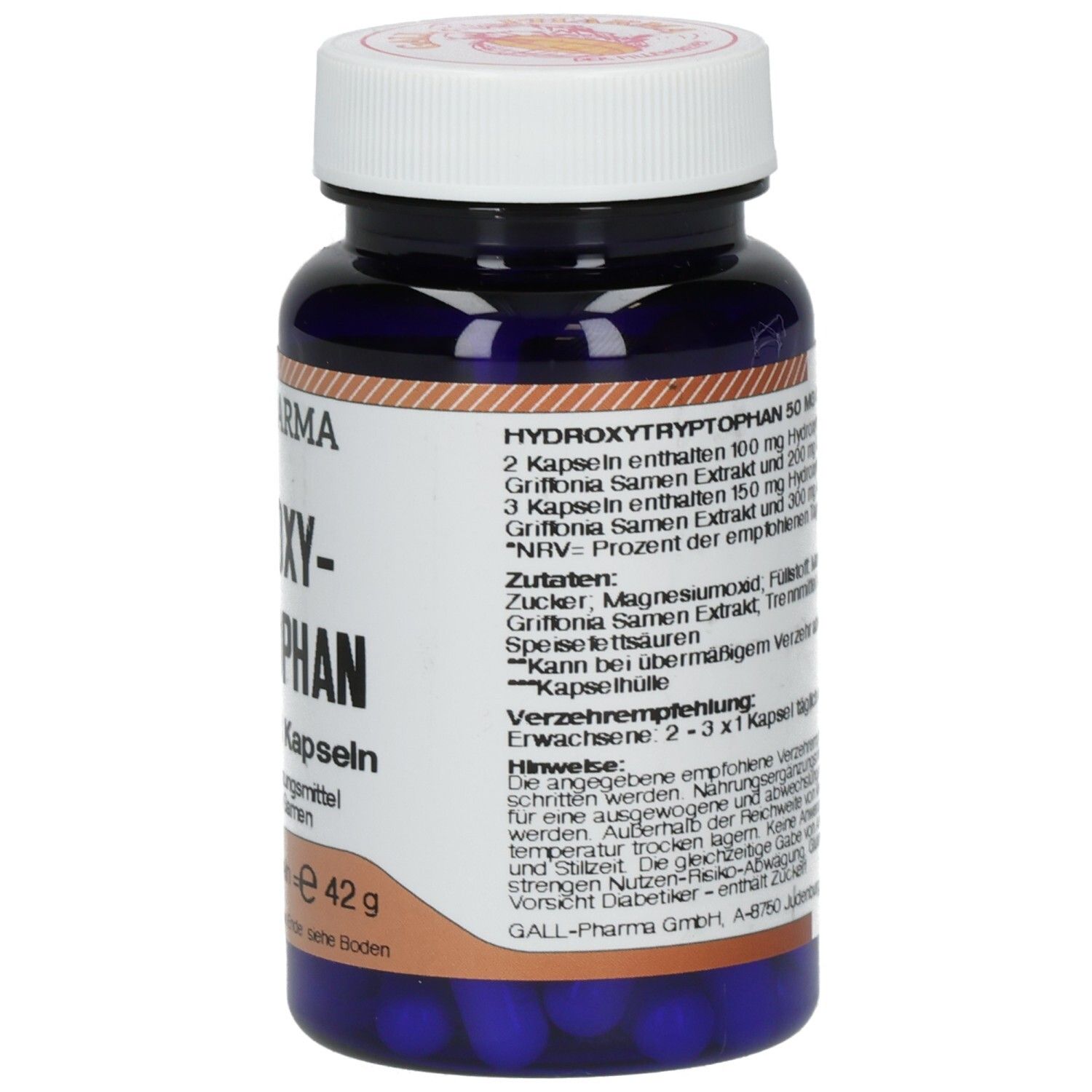 Blaue Flasche mit weißen Kapseln. Aufschrift: GALL PHARMA Hydroxy-Tryptophan 50 mg GPH Kapseln. 60 Kapseln.