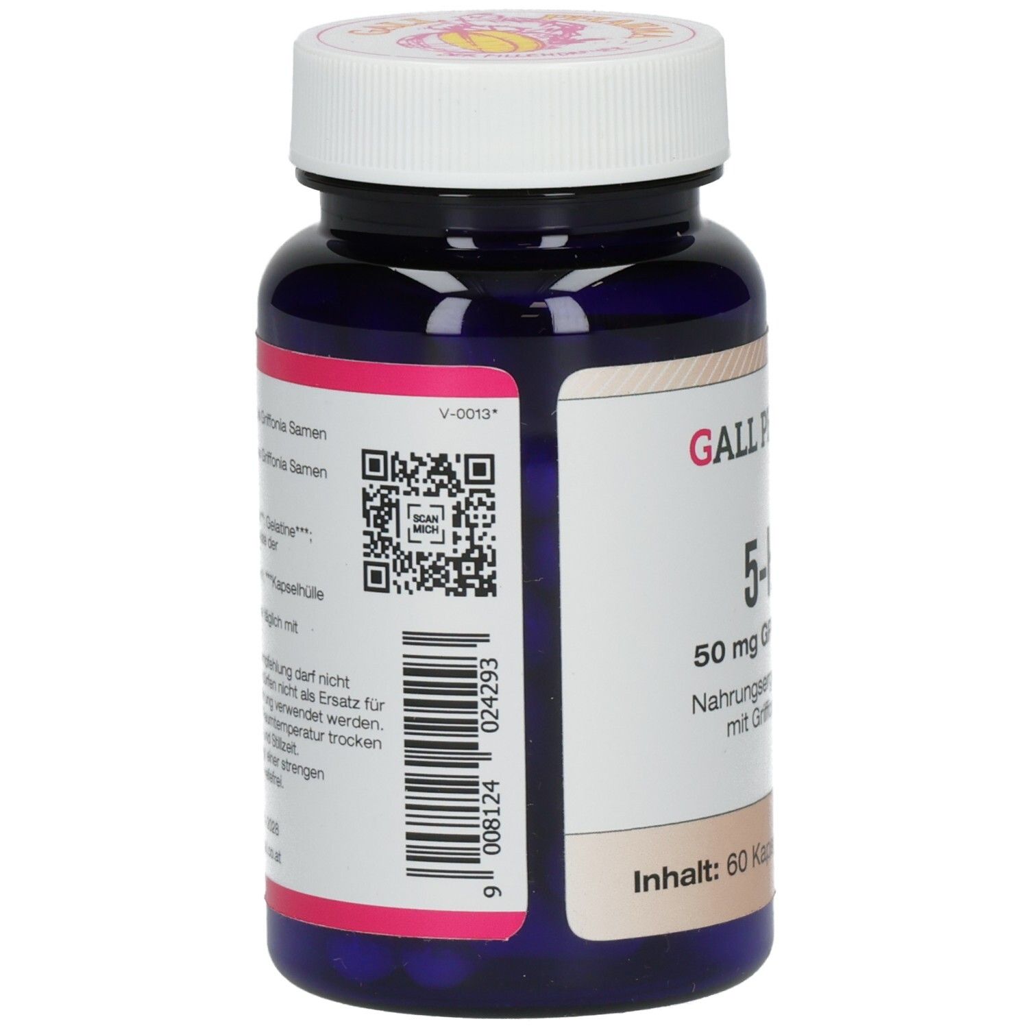 Rückseite der blauen Flasche. Etikett mit Text und QR-Code. Aufschrift: GALL PHARMA, 5-HTP, 50 mg GPH Kapseln. Inhalt: 60 Kapseln.