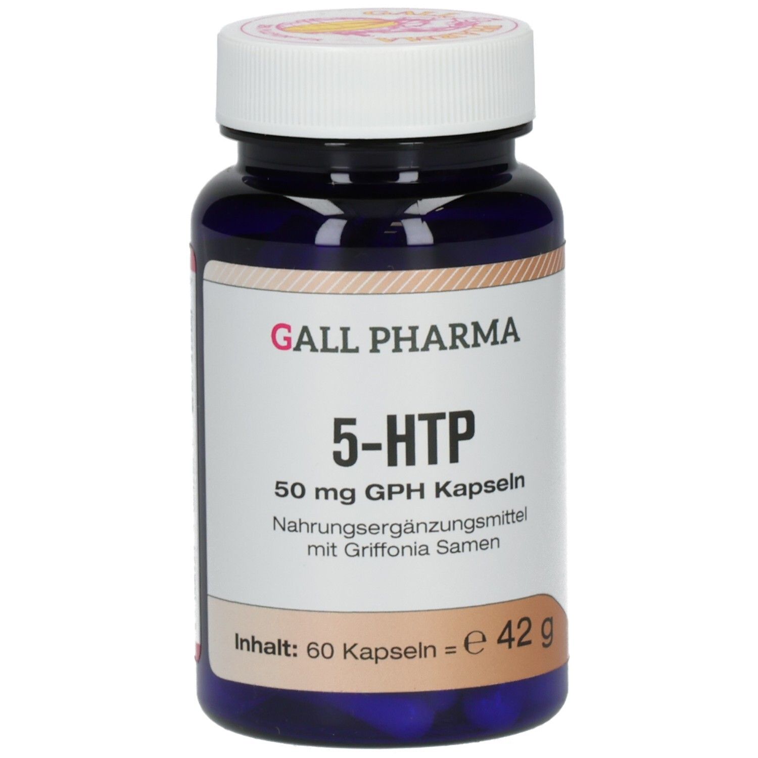 Blaue Flasche mit weißem Etikett. Aufschrift: GALL PHARMA, 5-HTP, 50 mg GPH Kapseln. Inhalt: 60 Kapseln = e 42 g.