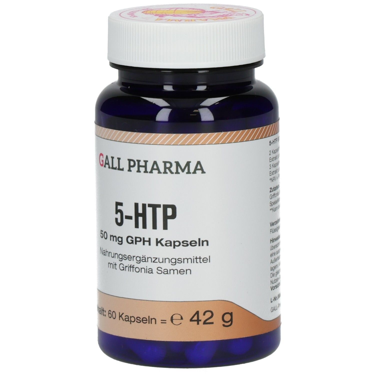Blaue Flasche mit weißem Etikett. Aufschrift: GALL PHARMA, 5-HTP, 50 mg GPH Kapseln. Inhalt: 60 Kapseln = e 42 g.