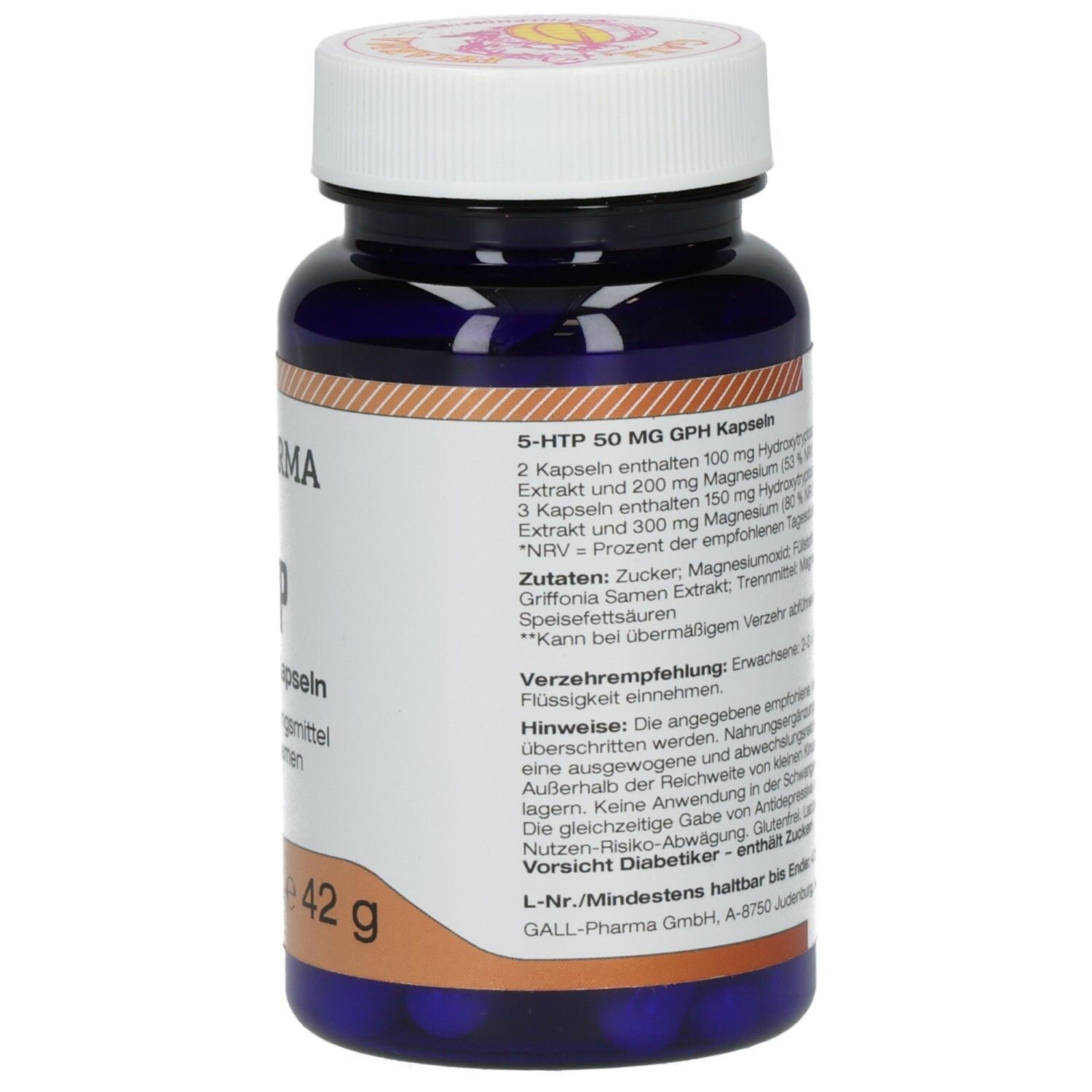 Rückseite der blauen Flasche. Etikett mit Inhaltsstoffen und Verzehrempfehlung. Aufschrift: GALL PHARMA, 5-HTP, 50 mg GPH Kapseln. Inhalt: 60 Kapseln = e 42 g.