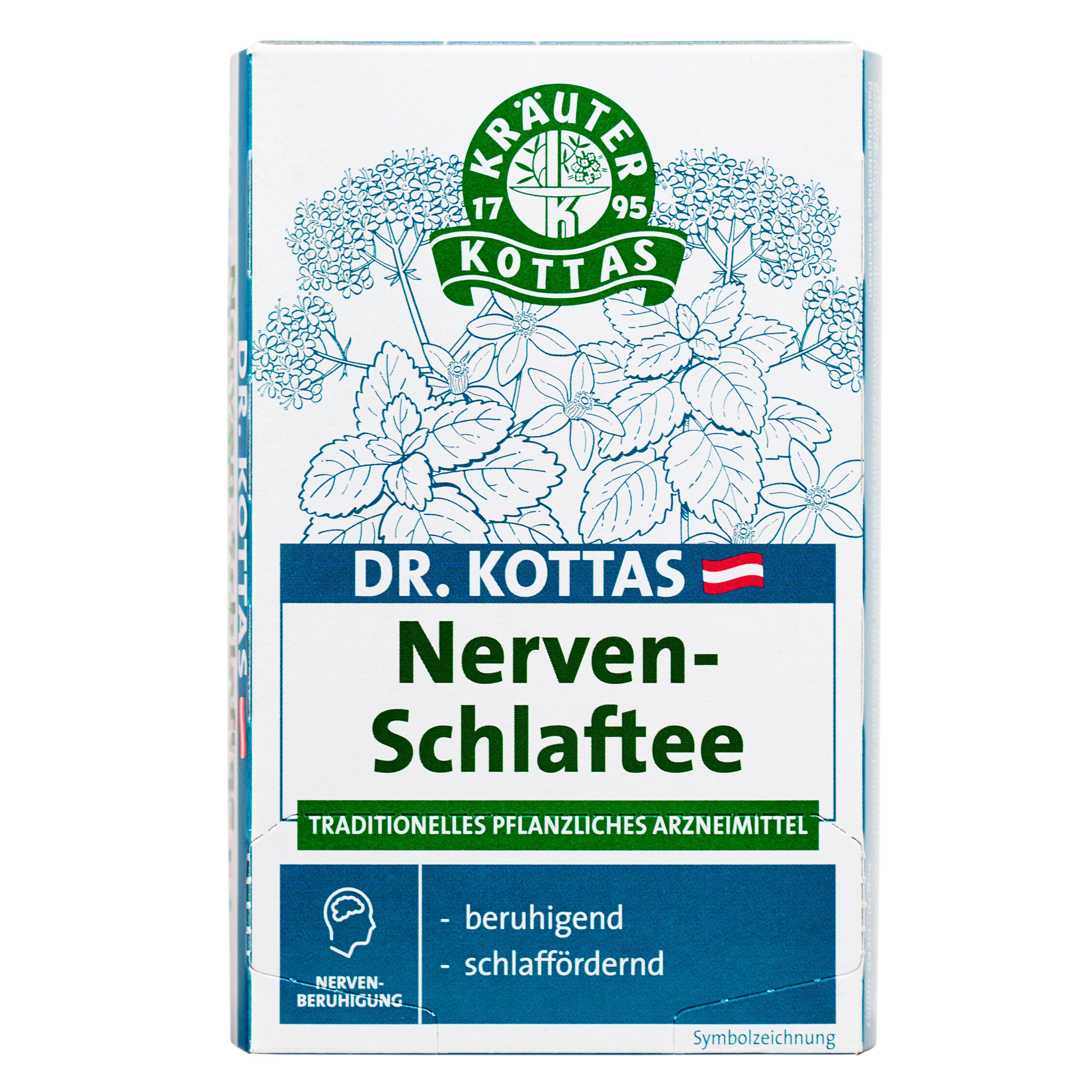 DR. KOTTAS Nerven-Schlaf-Tee Packung mit Kräuterabbildungen und Textangaben.