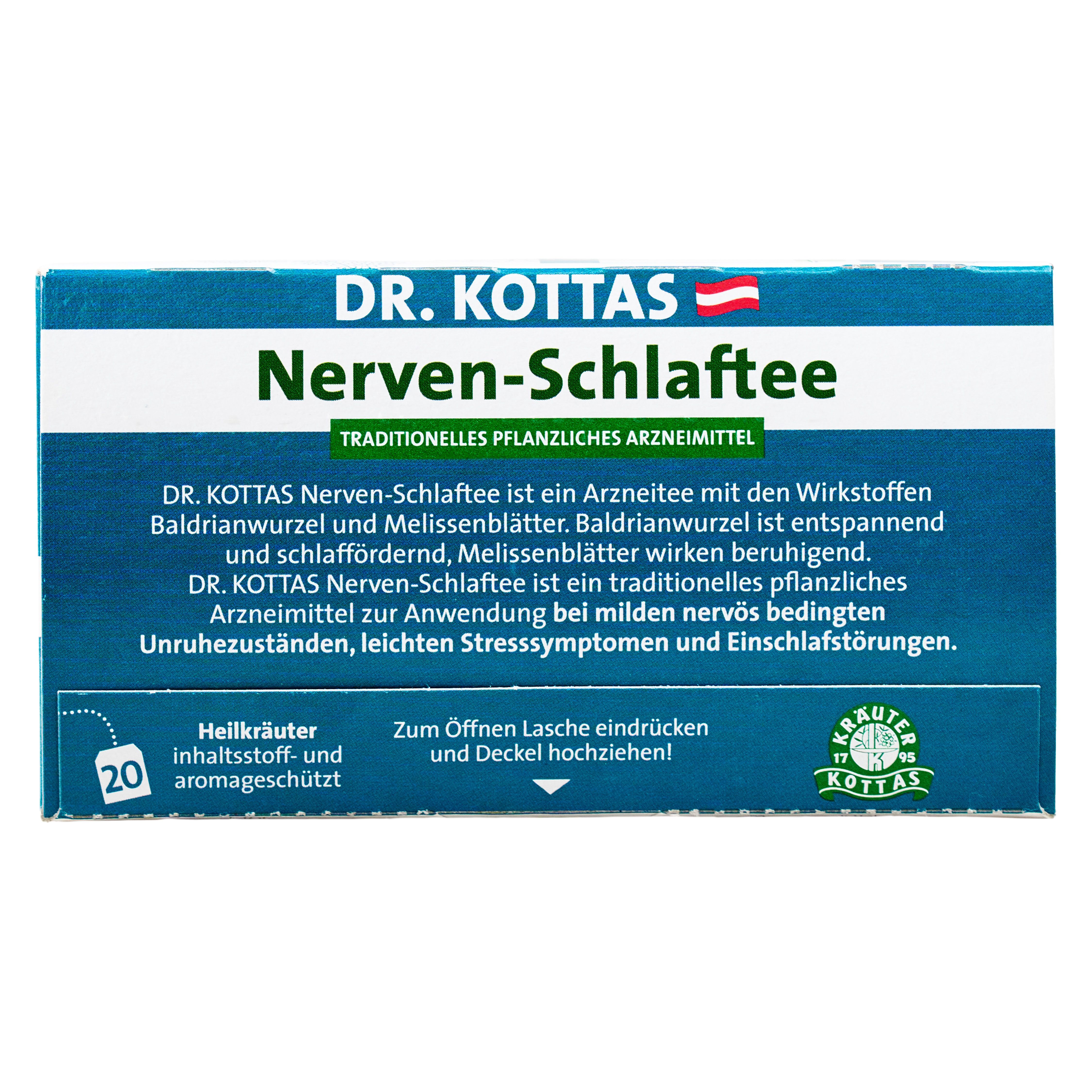 Rückseite der DR. KOTTAS Nerven-Schlaf-Tee Packung mit detaillierten Produktinformationen und 20 Teebeuteln.