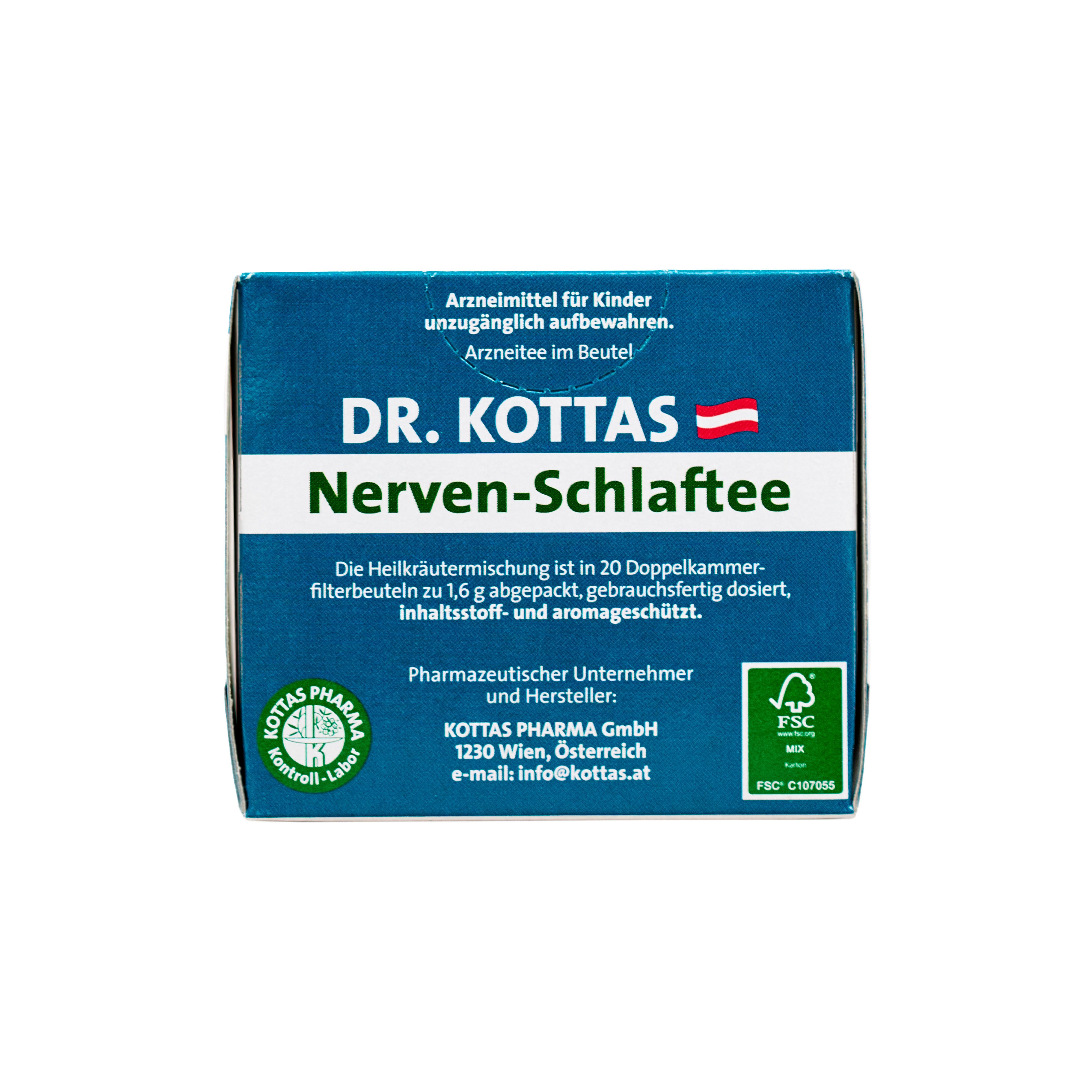Seitenansicht der DR. KOTTAS Nerven-Schlaf-Tee Packung mit Herstellerangaben und FSC-Zertifizierung.