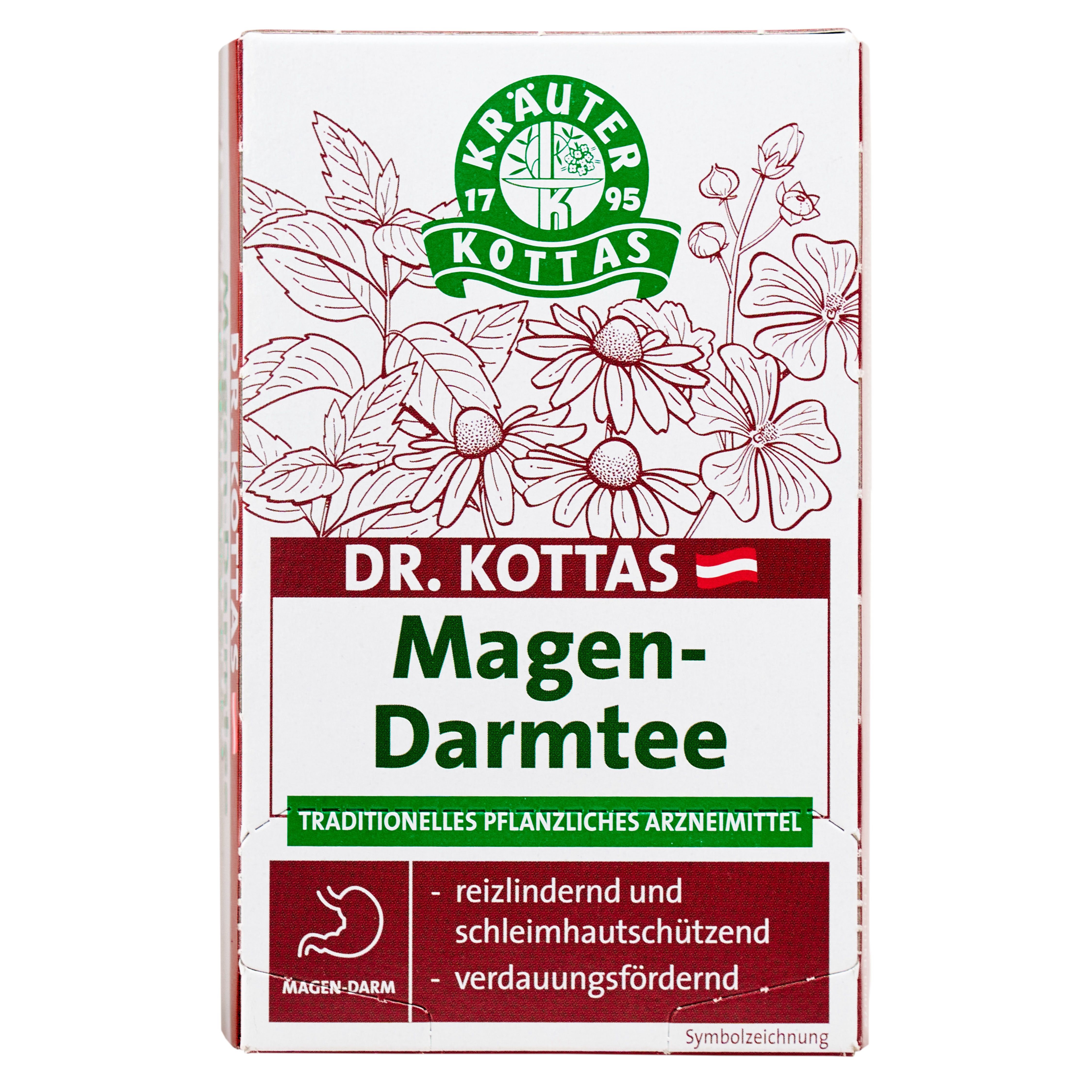 Dr. Kottas Magen-Darmtee Kräutertee-Verpackung mit Kräutermotiv und Anwendungshinweisen.