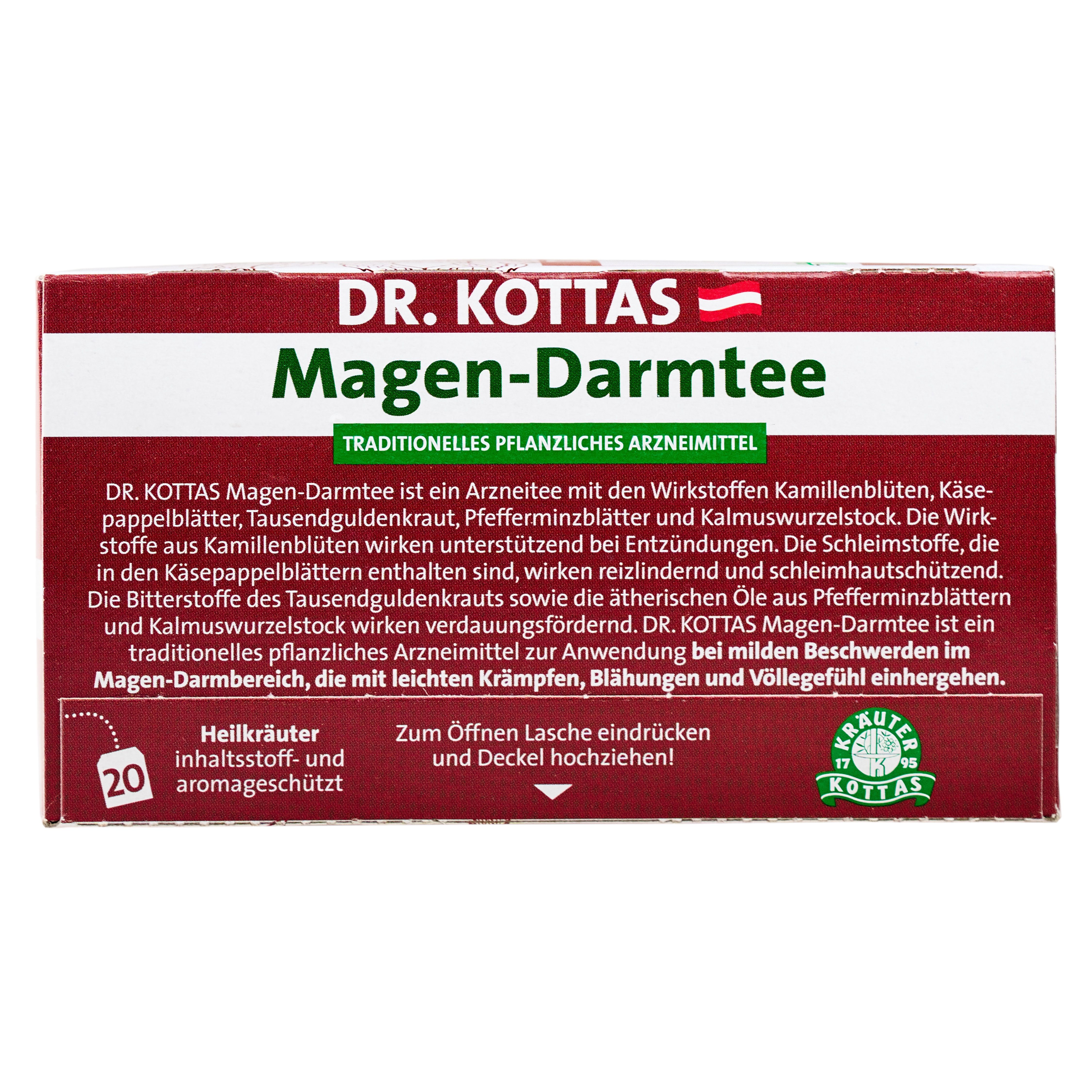 Dr. Kottas Magen-Darmtee Verpackung mit detaillierter Produktbeschreibung und Anwendungshinweisen.