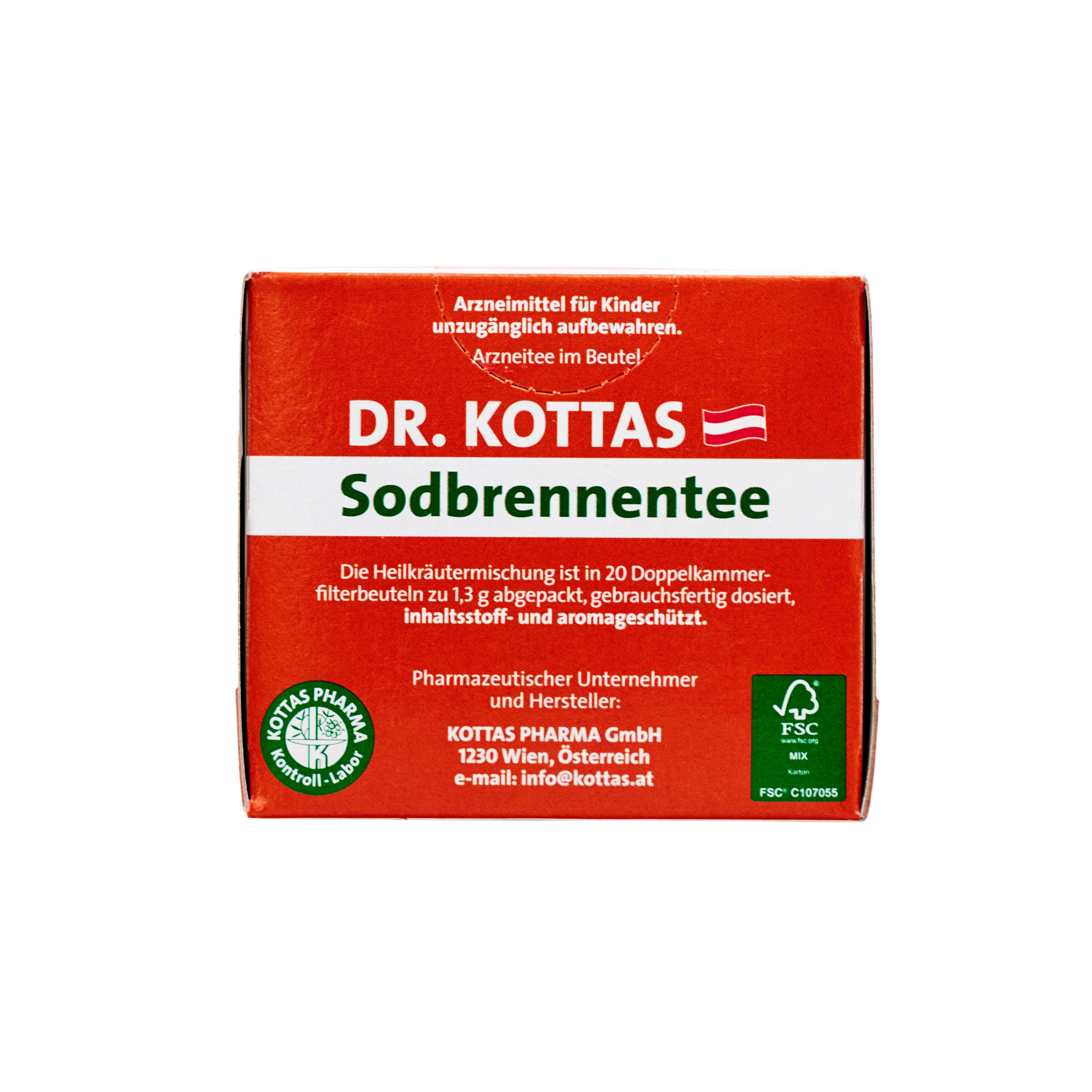 Dr. Kottas Sodbrennentee Packung mit 20 Doppelkammerfilterbeuteln.