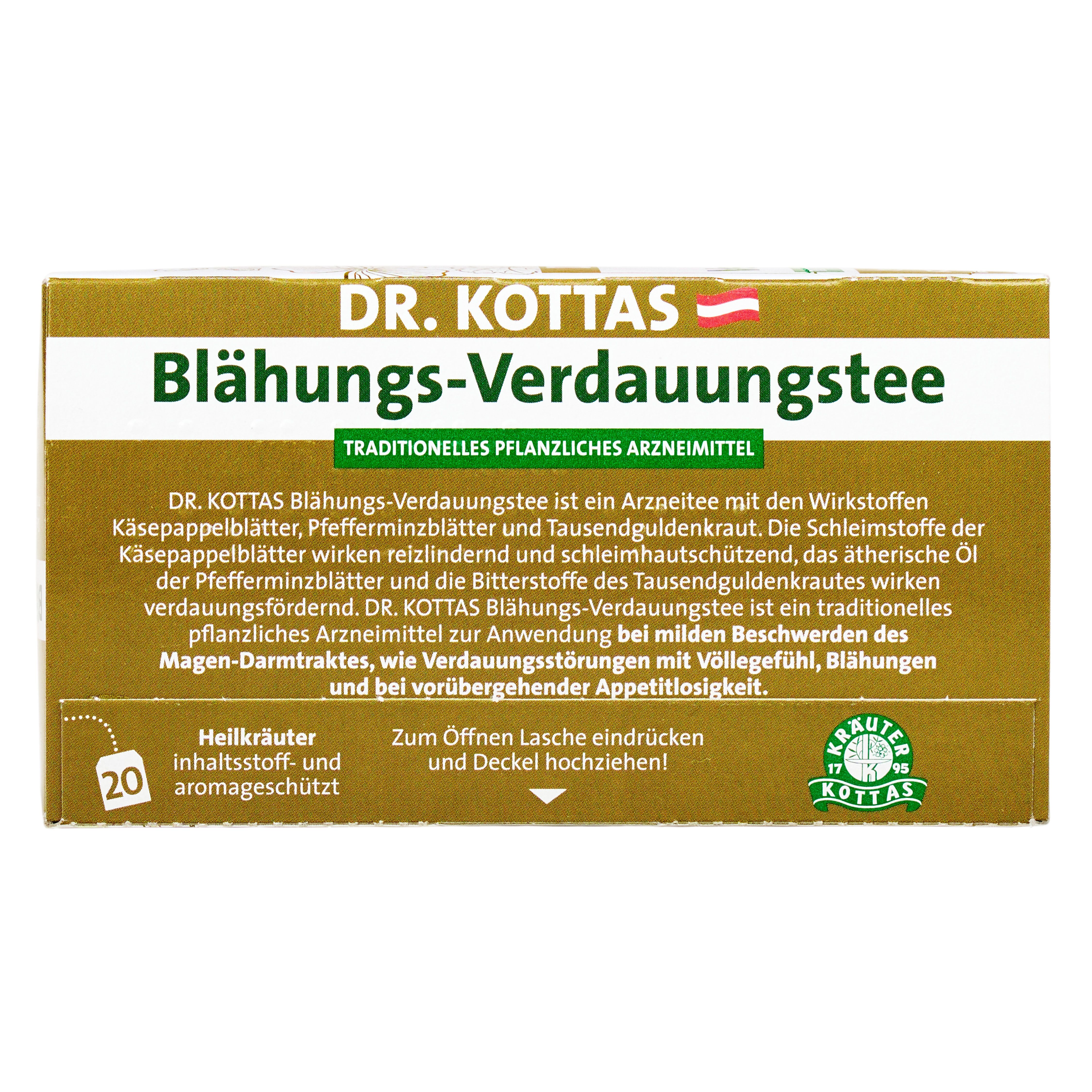Dr. Kottas Blähungs-Verdauungstee Packung mit 20 Beuteln. Traditionelles pflanzliches Arzneimittel.