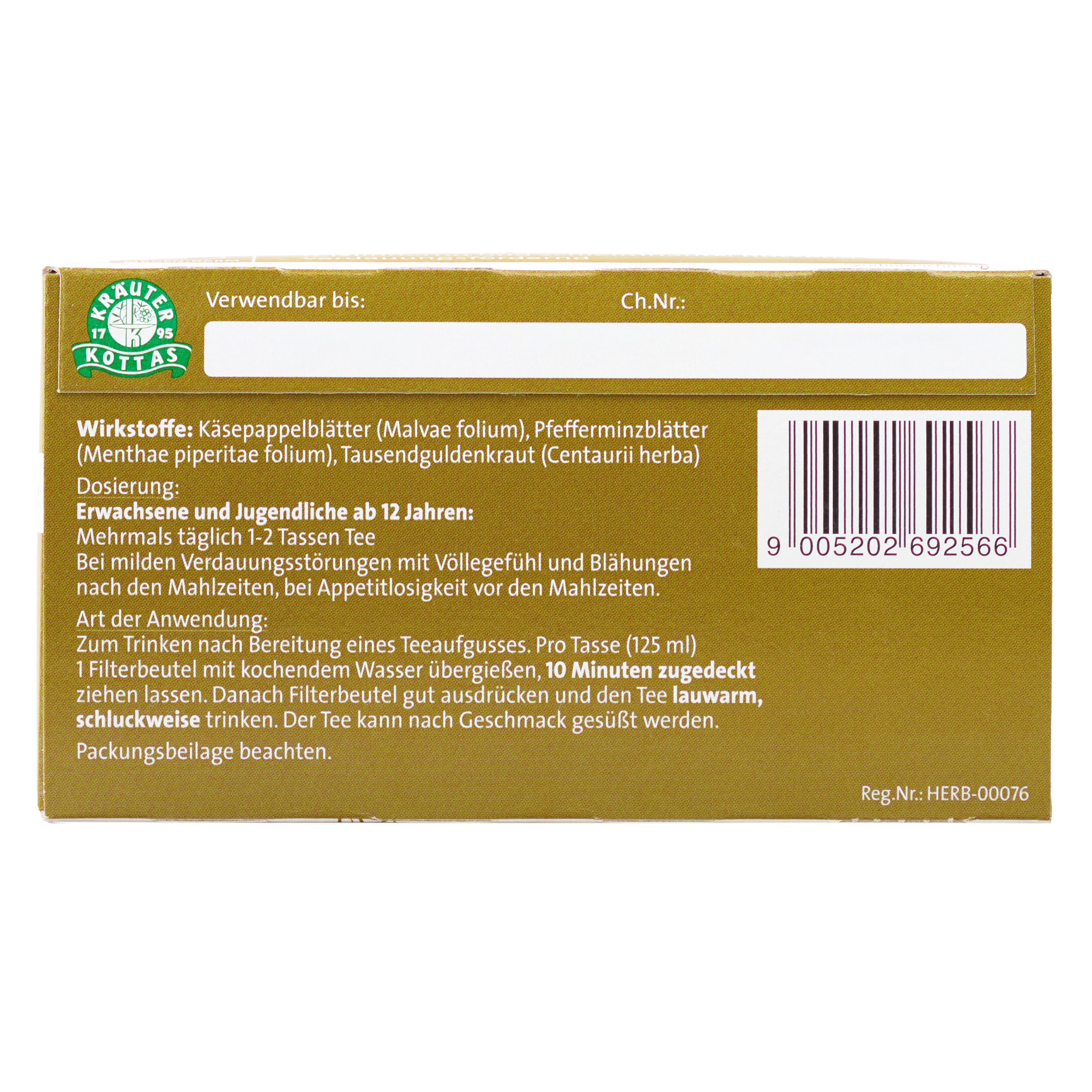 Rückseite einer Verpackung von Dr. Kottas Spitzwegerichtee mit Anwendungshinweisen und Inhaltsstoffen.