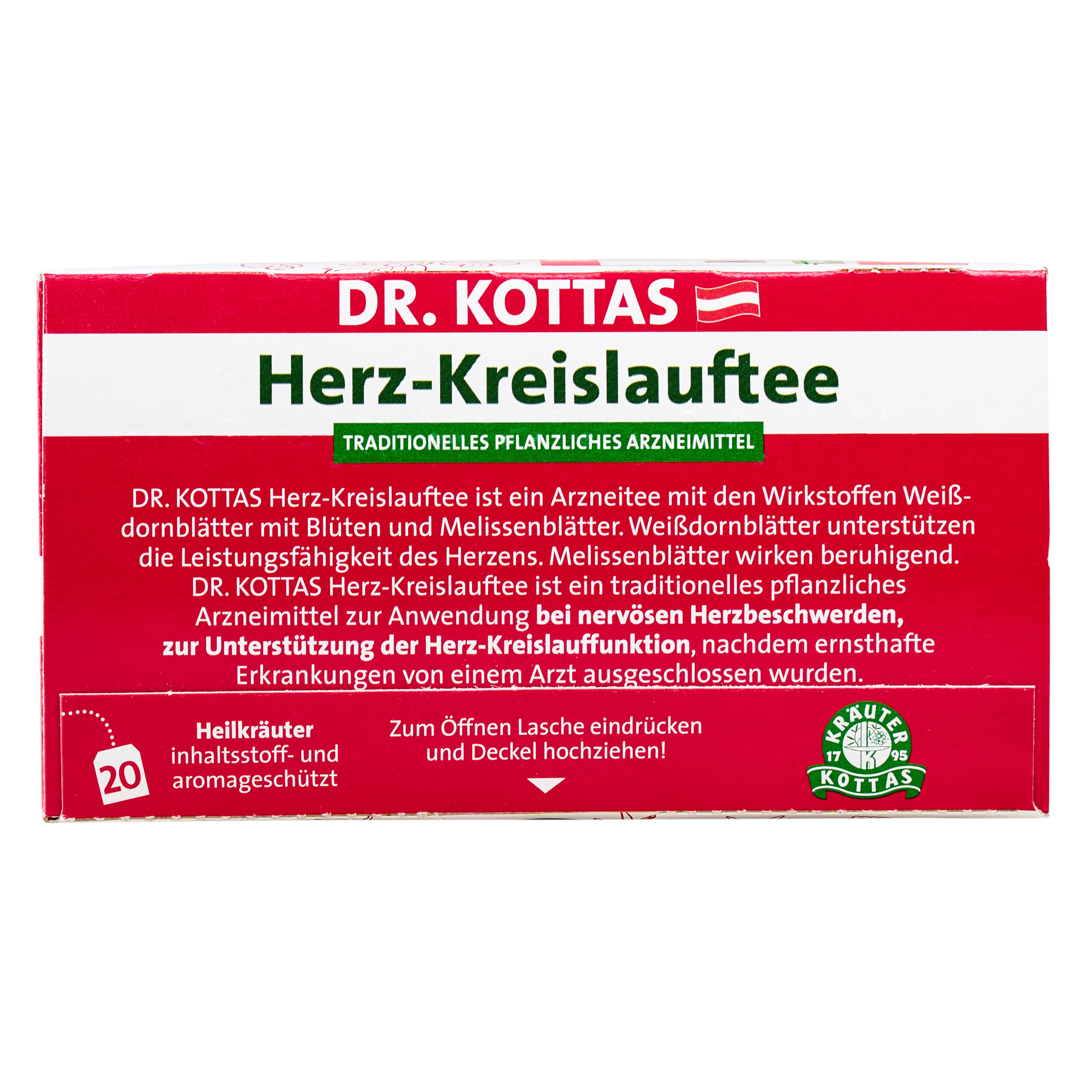 Dr. Kottas Herz-Kreislauftee Packung mit 20 Teebeuteln. Rote und weiße Verpackung mit Produktinformationen.