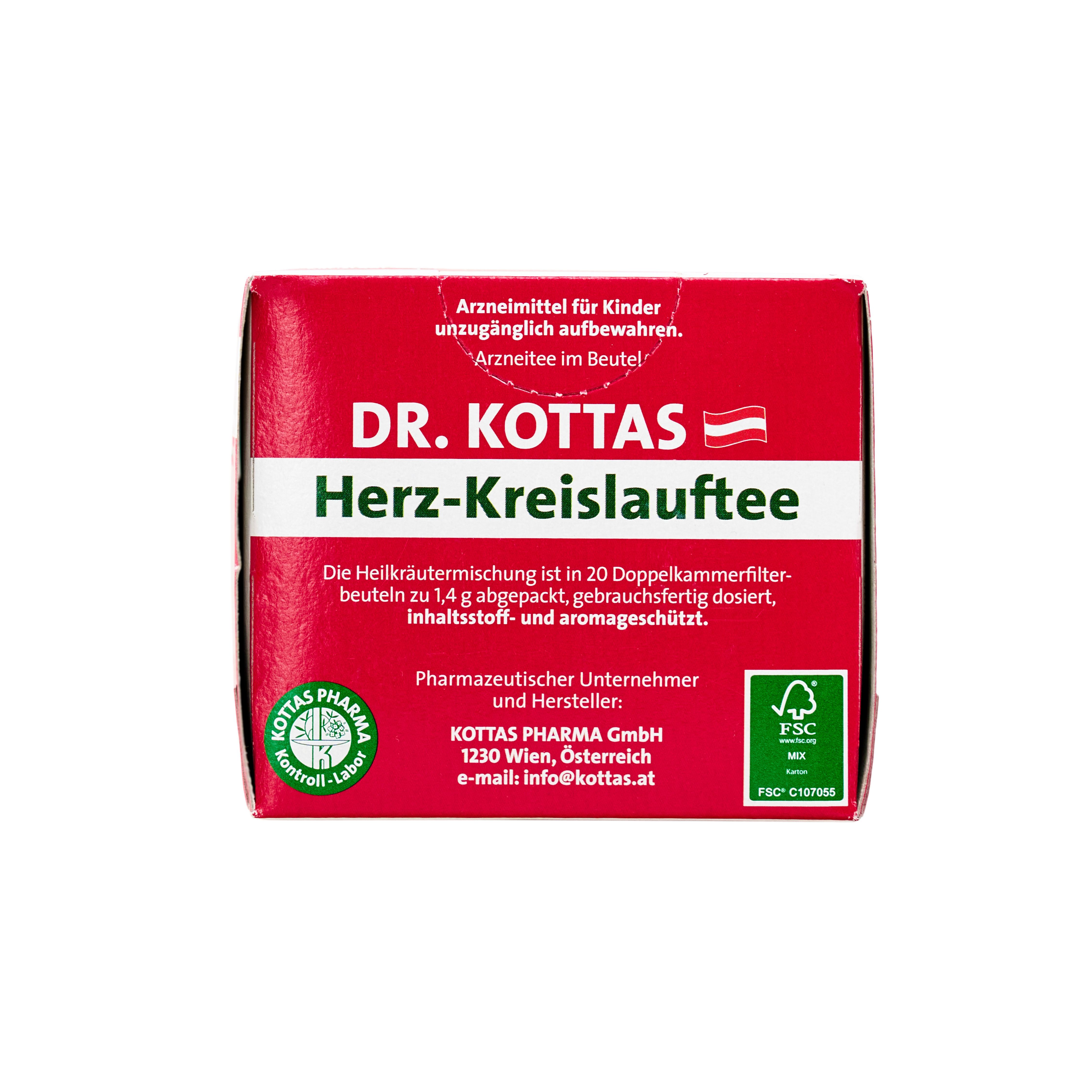 Dr. Kottas Herz-Kreislauftee Kräutermischung in 20 Doppelkammer-Filterbeuteln.