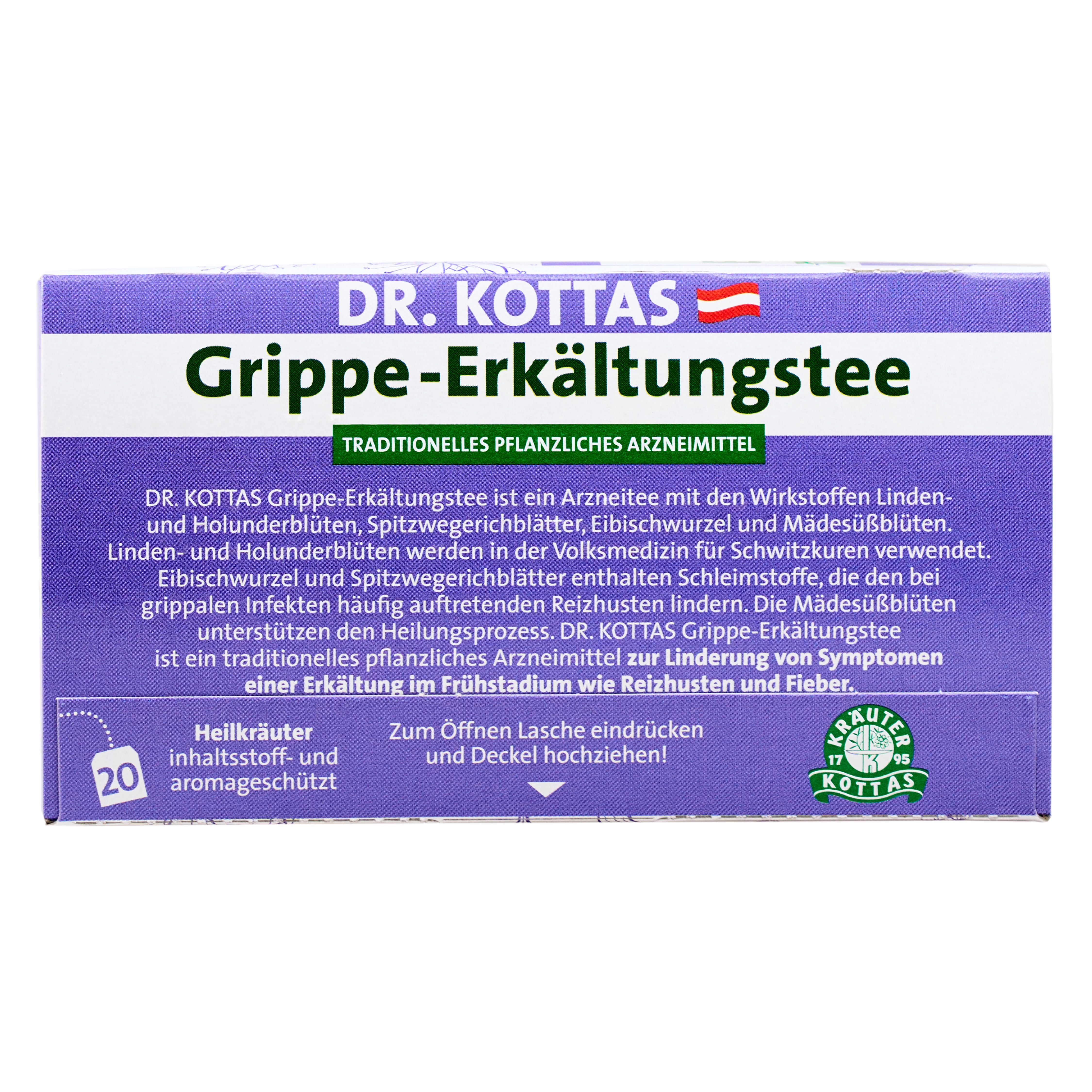 Verpackung Dr. Kottas Grippe-Erkältungstee mit 20 Beuteln.