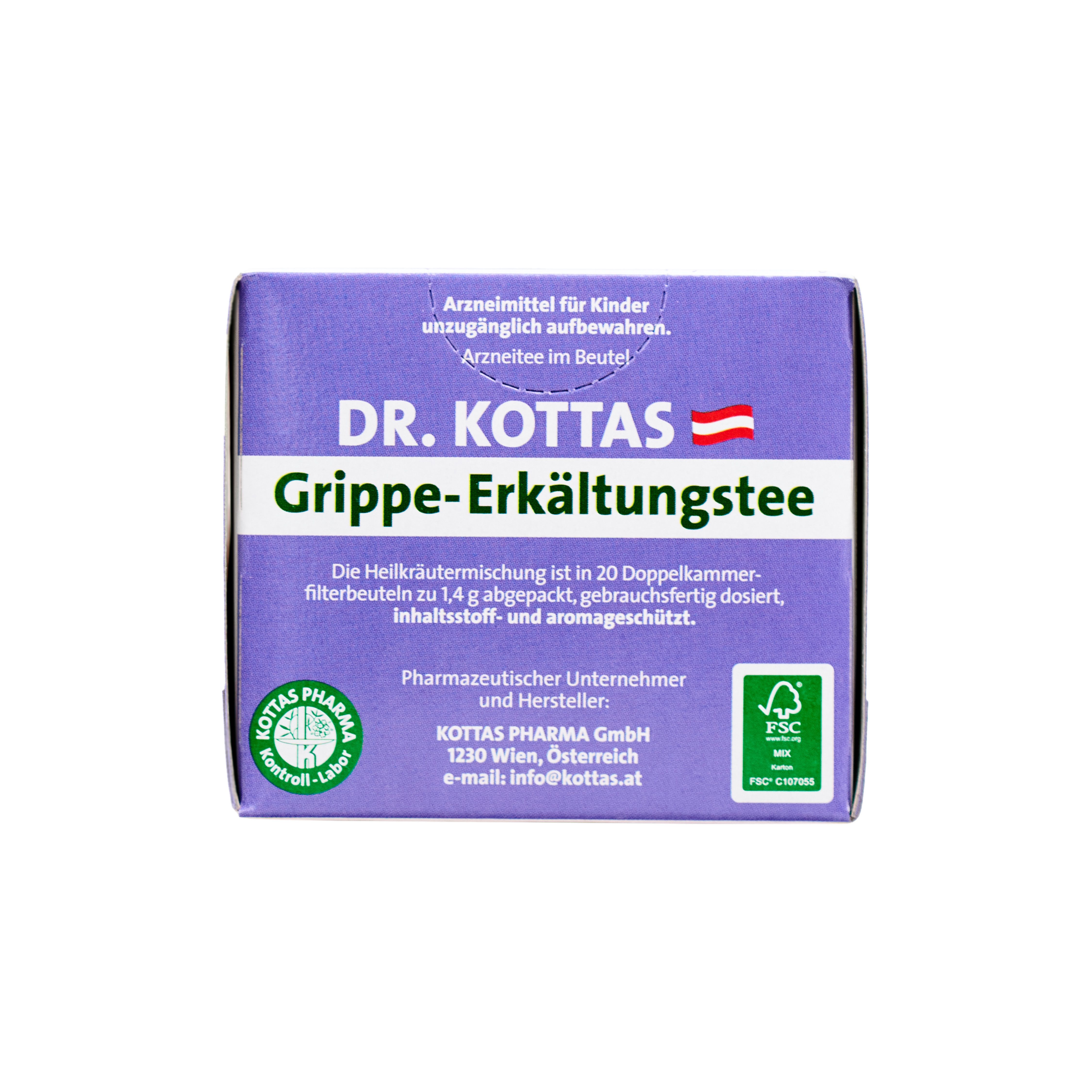 Dr. Kottas Grippe-Erkältungstee Kräutermischung in 20 Doppelkammer-Filterbeuteln.