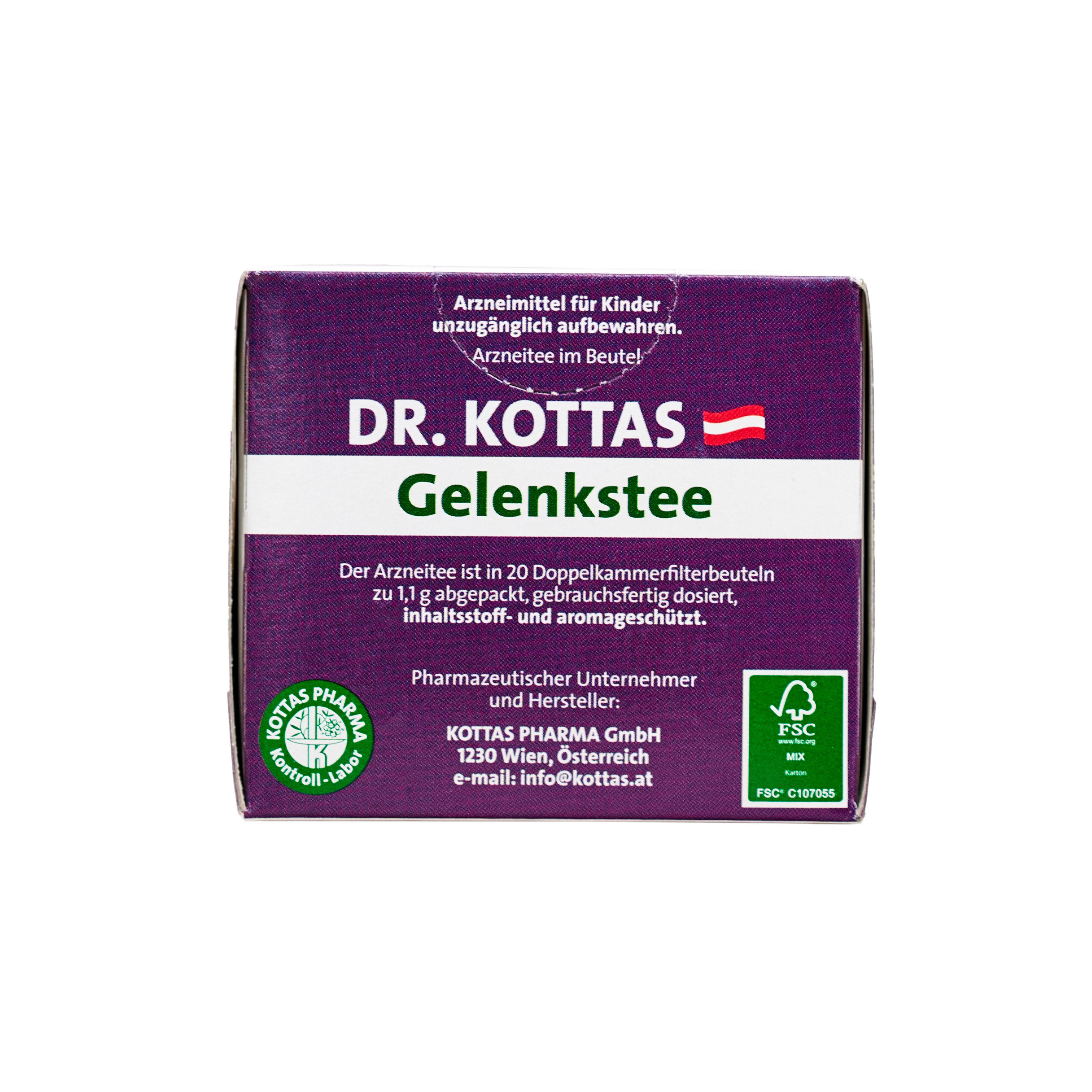 Verpackung Dr. Kottas Gelenktee mit 20 Doppelkammerfilterbeuteln.