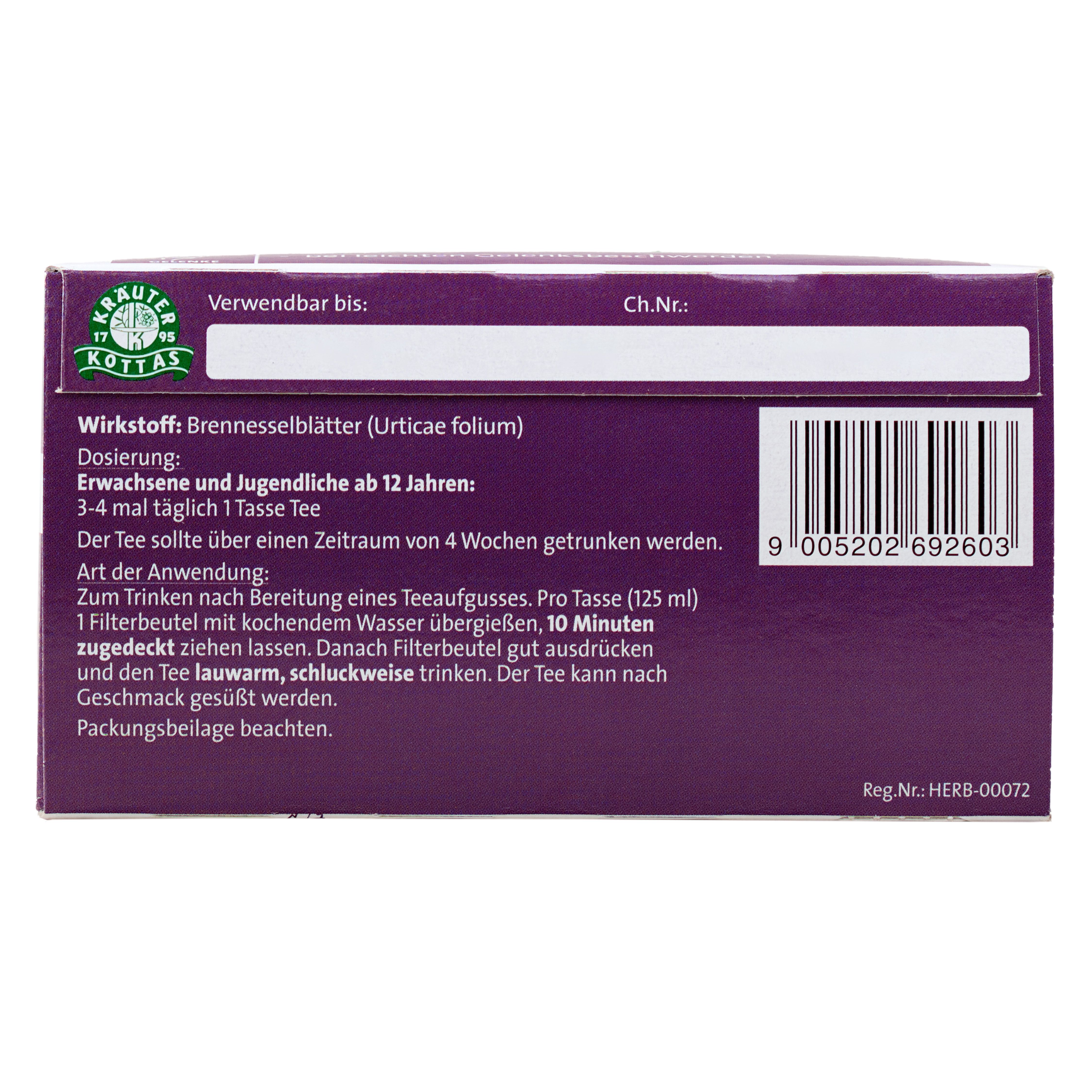 Dr. Kottas Brennnesseltee Packung mit Kräuterabbildungen und Hinweis auf 20 Teebeutel.