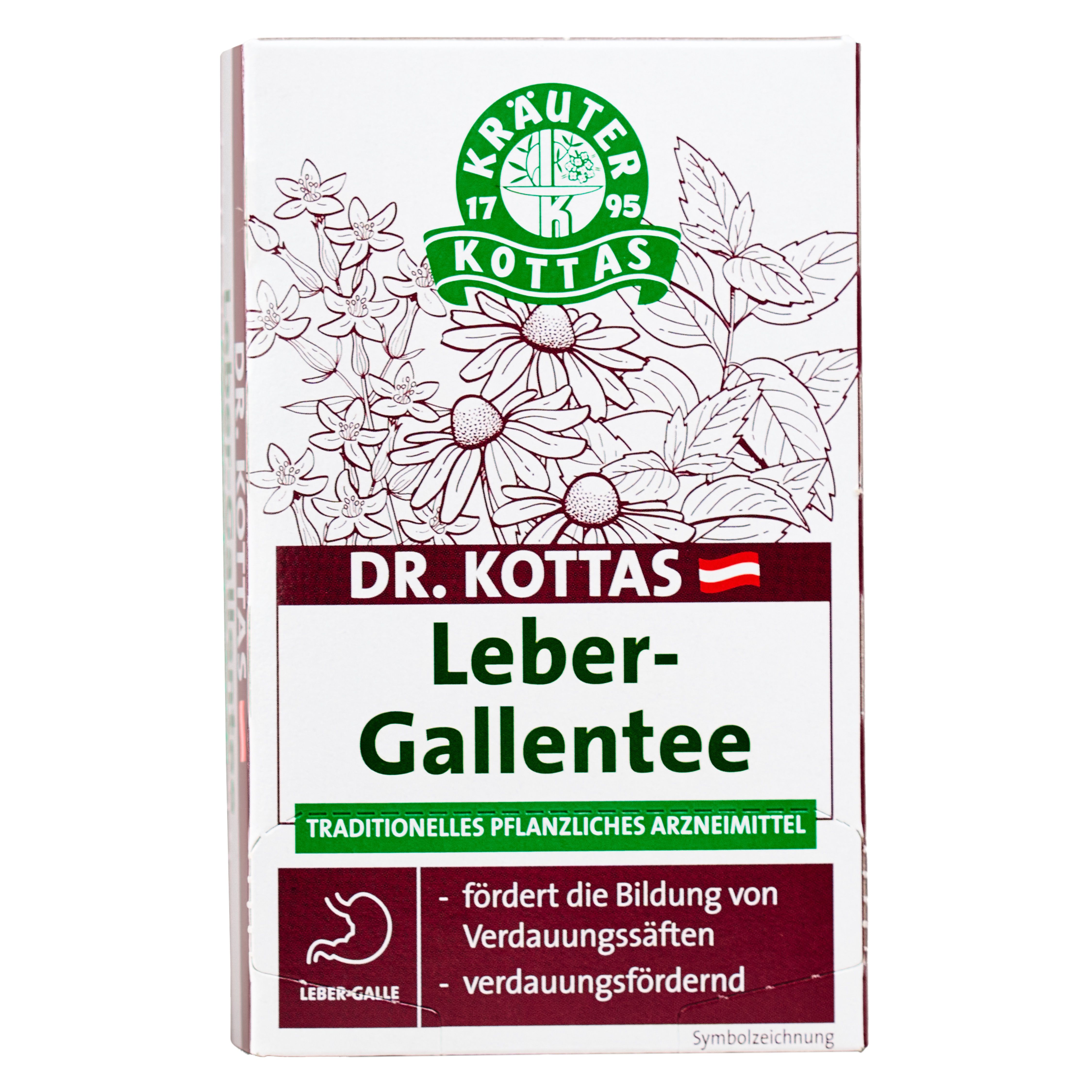 Dr. Kottas Leber-Gallen-Tee Packung mit Kräuterabbildungen und Anwendungshinweisen.