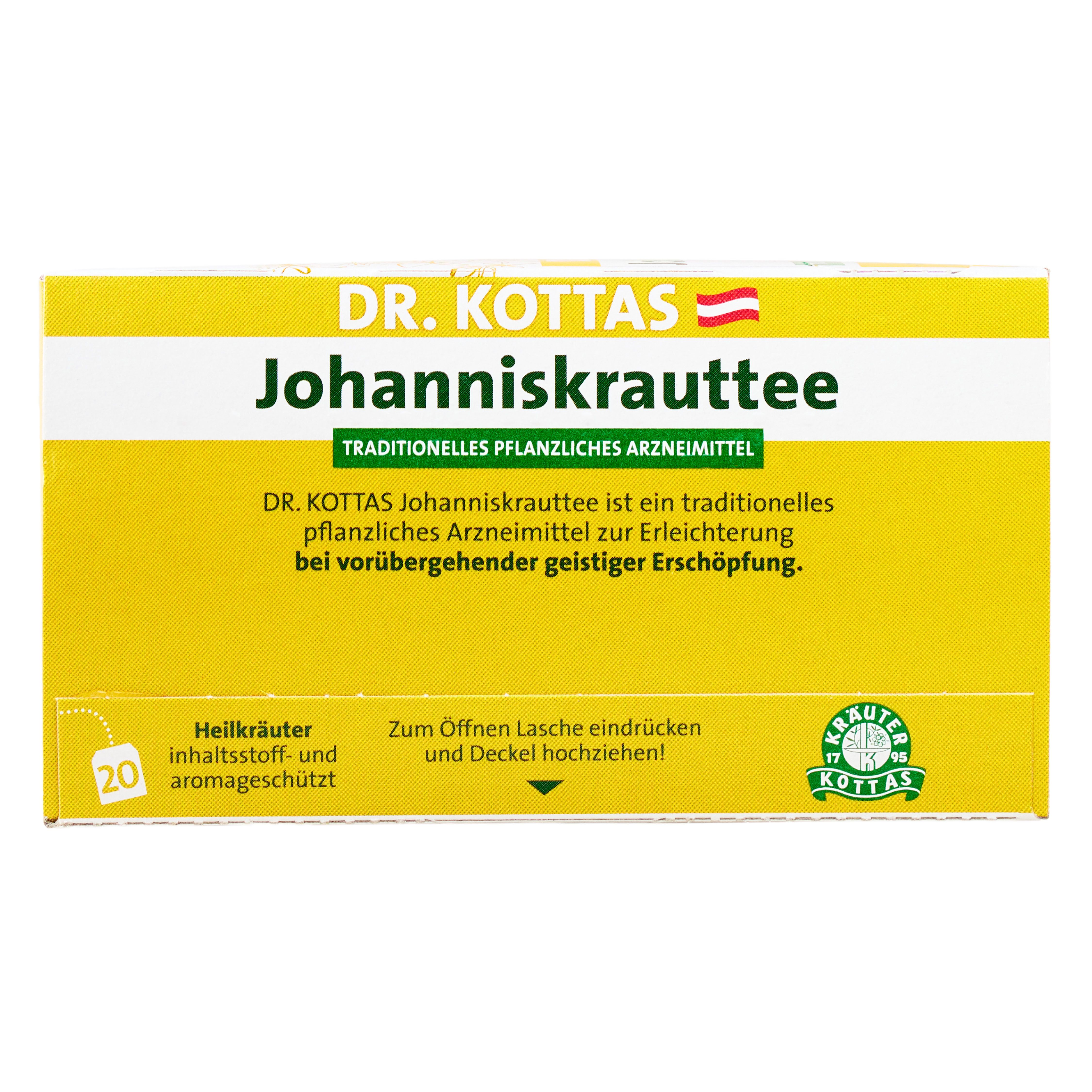 Dr. Kottas Johanniskrauttee Packung mit Kräuterabbildungen und Hinweis auf 20 Teebeutel.