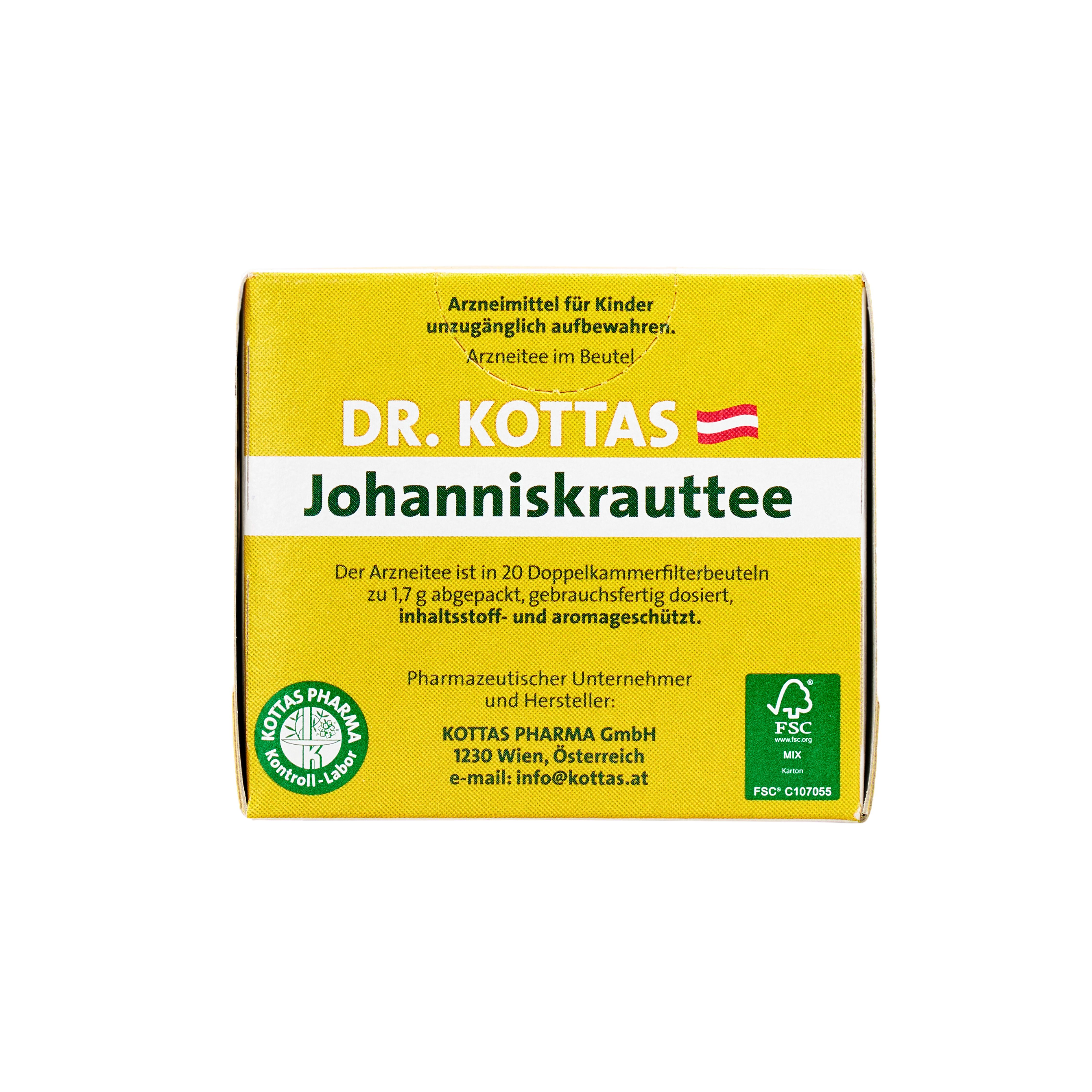 Dr. Kottas Johanniskrauttee Packung mit Informationen zu Inhaltsstoffen und Hersteller.