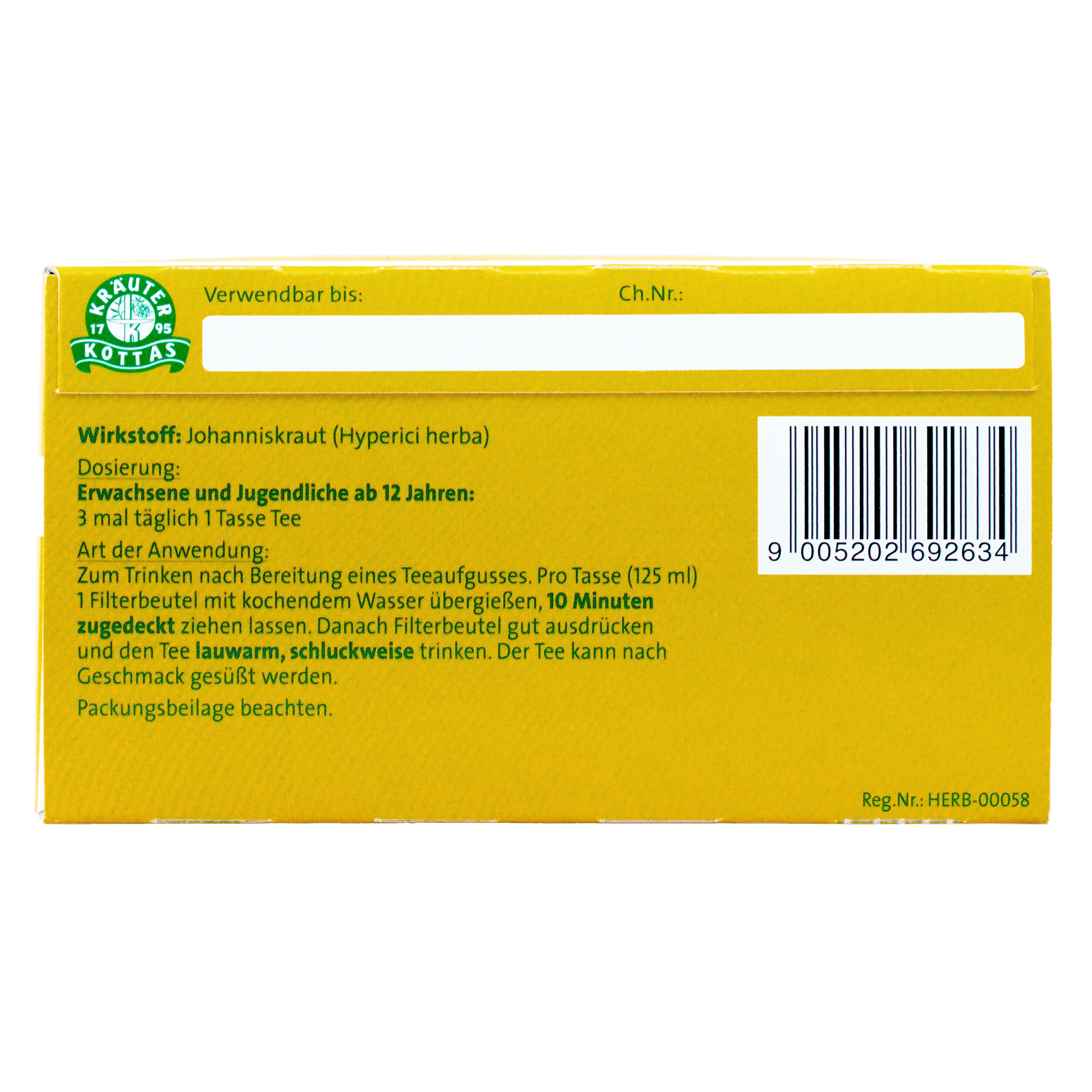 Rückseite der Verpackung Dr. Kottas Kamillenblüten Tee mit Anwendungshinweisen.