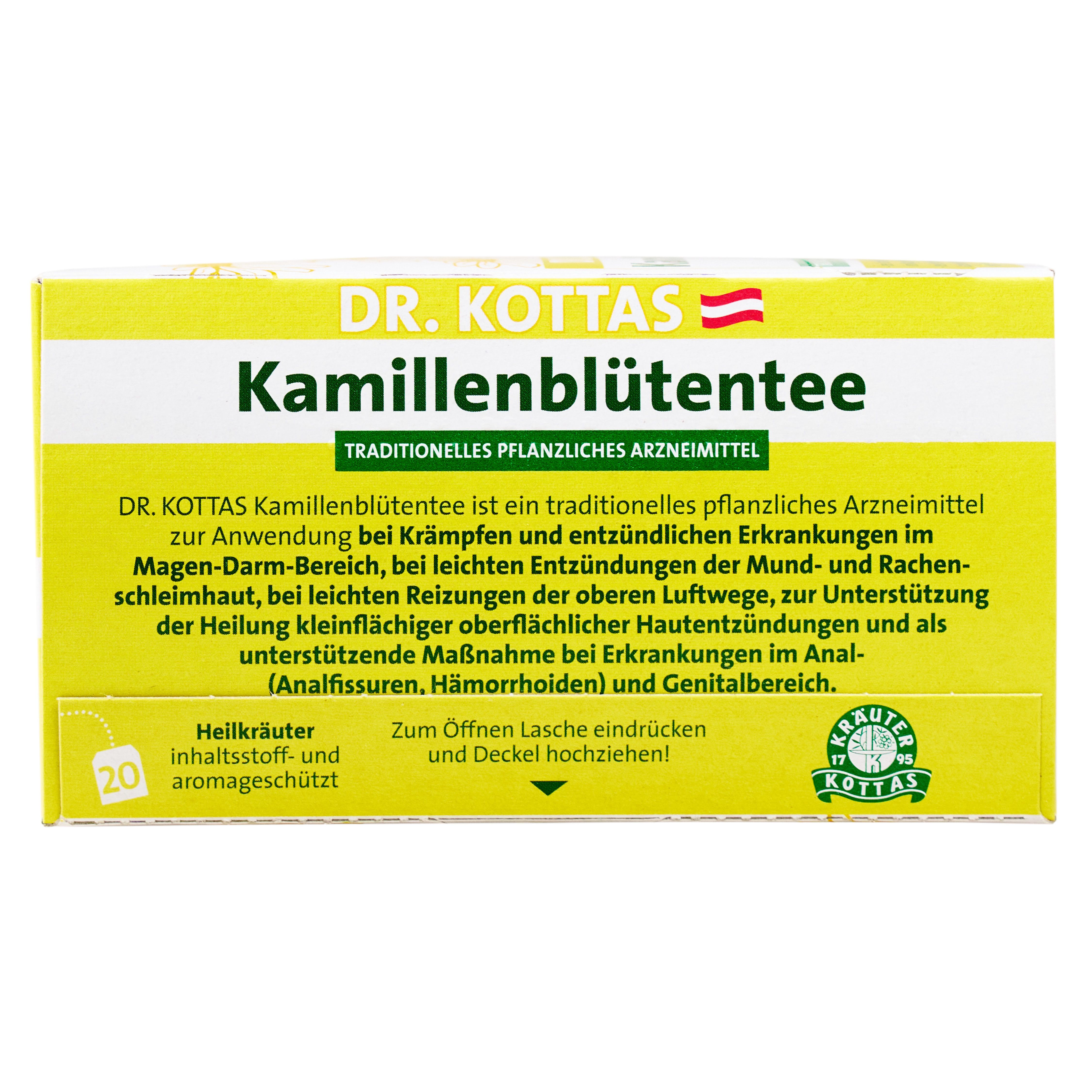 Dr. Kottas Kamillenblütentee Packung mit Beschreibung der Anwendung und Inhaltsstoffen.
