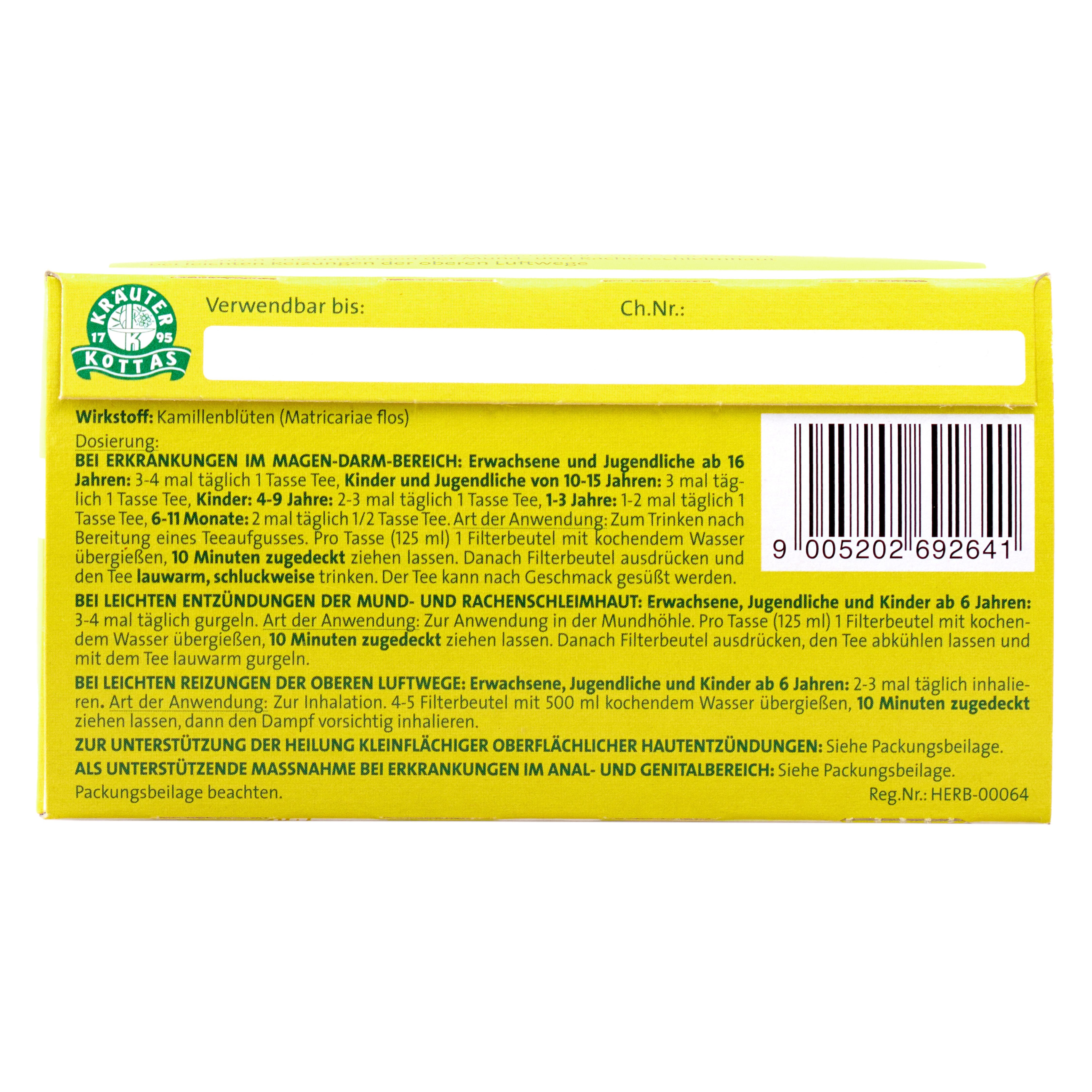 Packung Dr. Kottas Kamillenblütentee, 20 Doppelkammerfilterbeutel à 1,0 g.