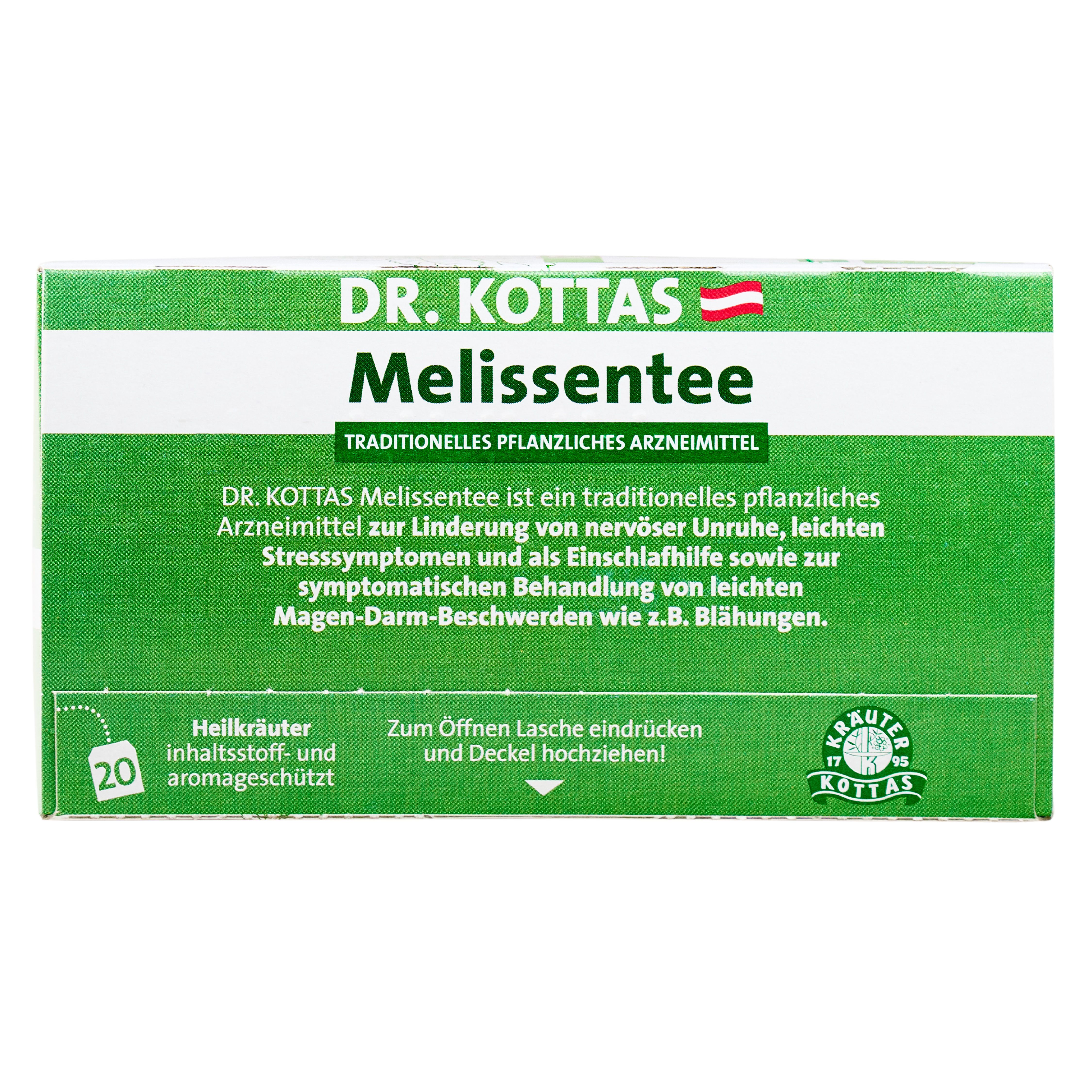 Rückseite der DR. KOTTAS Melissentee Packung mit 20 Teebeuteln und Anwendungshinweisen.
