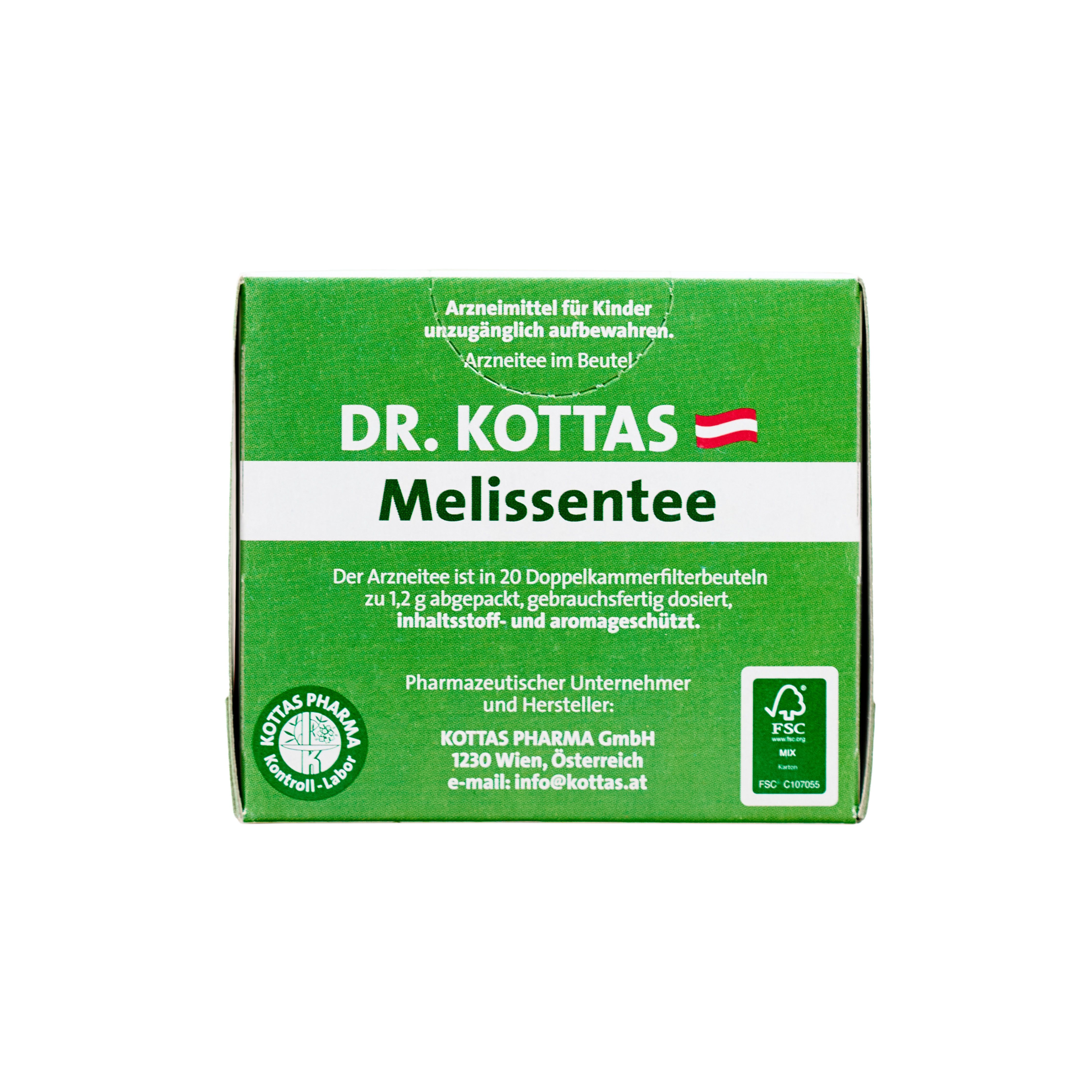 Seitenansicht der DR. KOTTAS Melissentee Packung mit FSC-Siegel und Herstellerangaben.