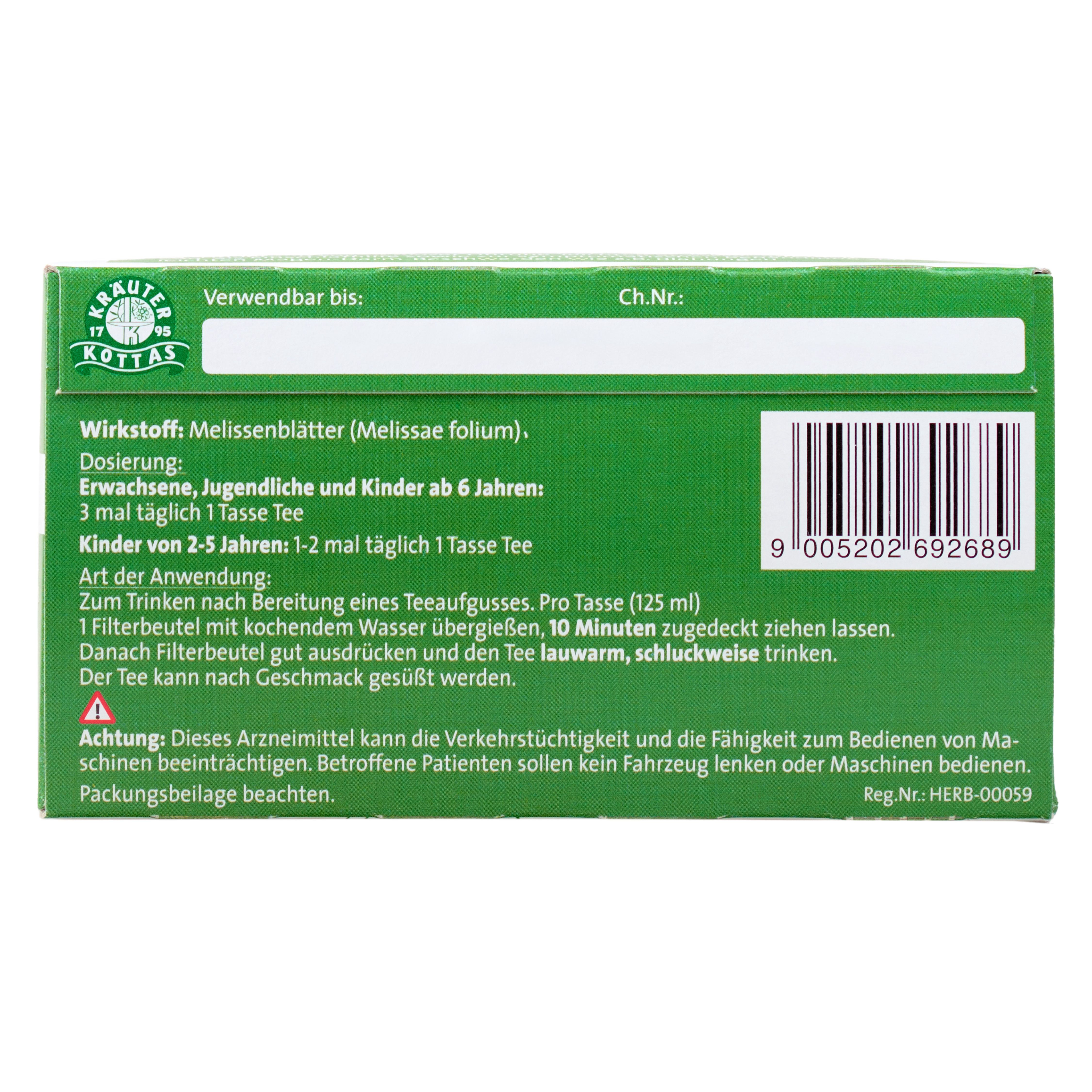 Rückseite der DR. KOTTAS Melissentee Packung mit Verfallsdatum, Chargennummer und Barcode.