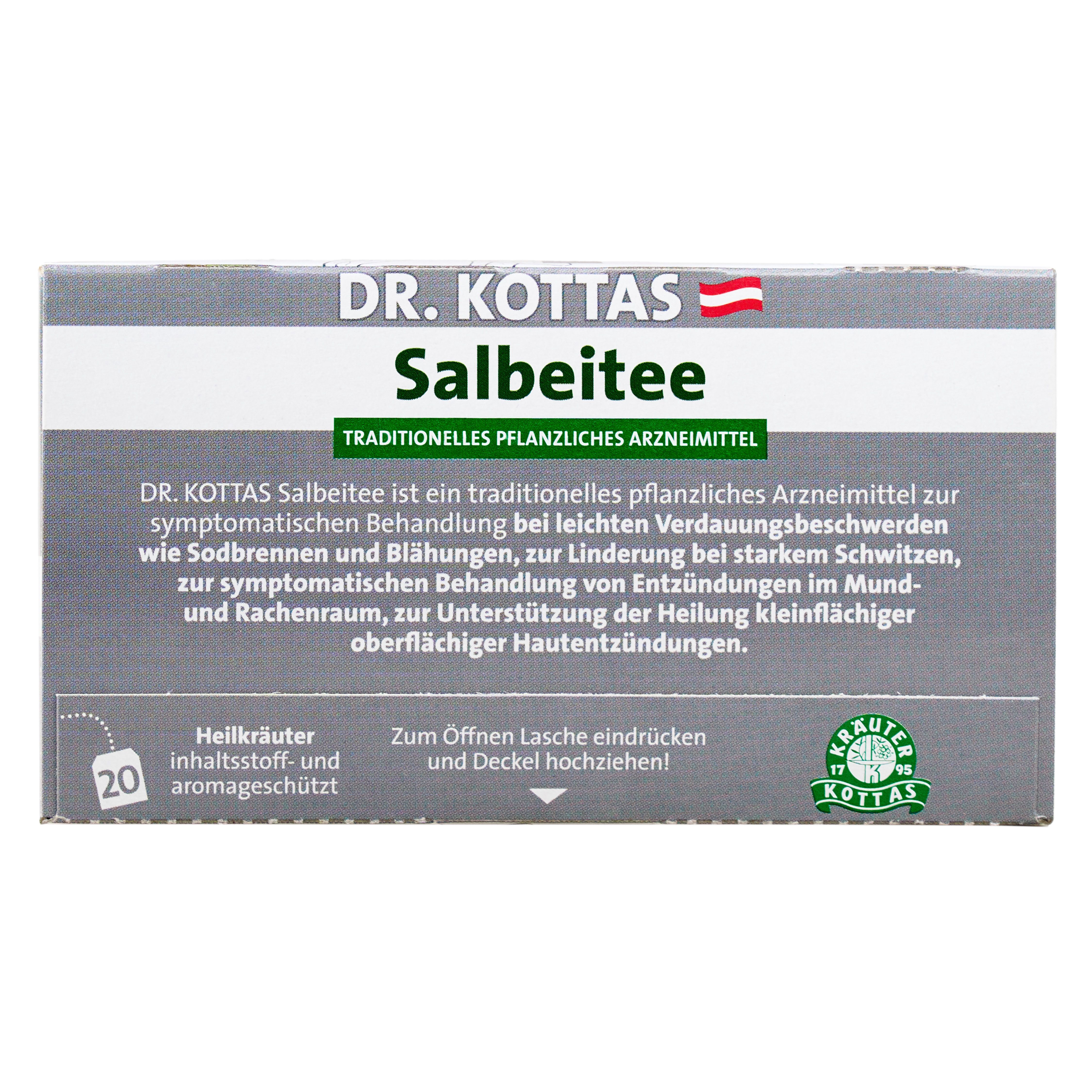 Rückseite der DR. KOTTAS Salbeitee Packung mit 20 Teebeuteln und Anwendungsinformationen.