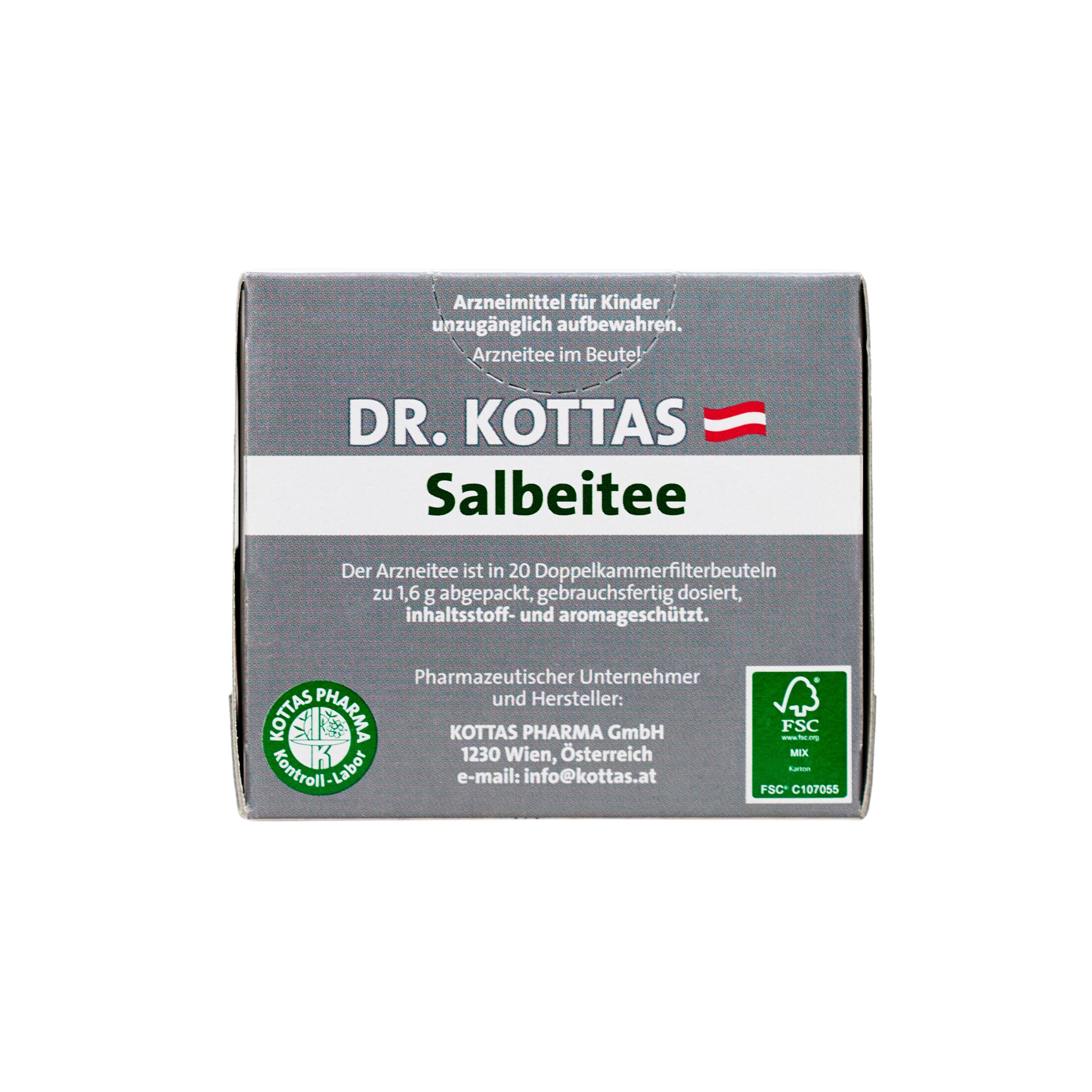 Seitenansicht der DR. KOTTAS Salbeitee Packung mit FSC-Zertifizierung und Herstellerangaben.
