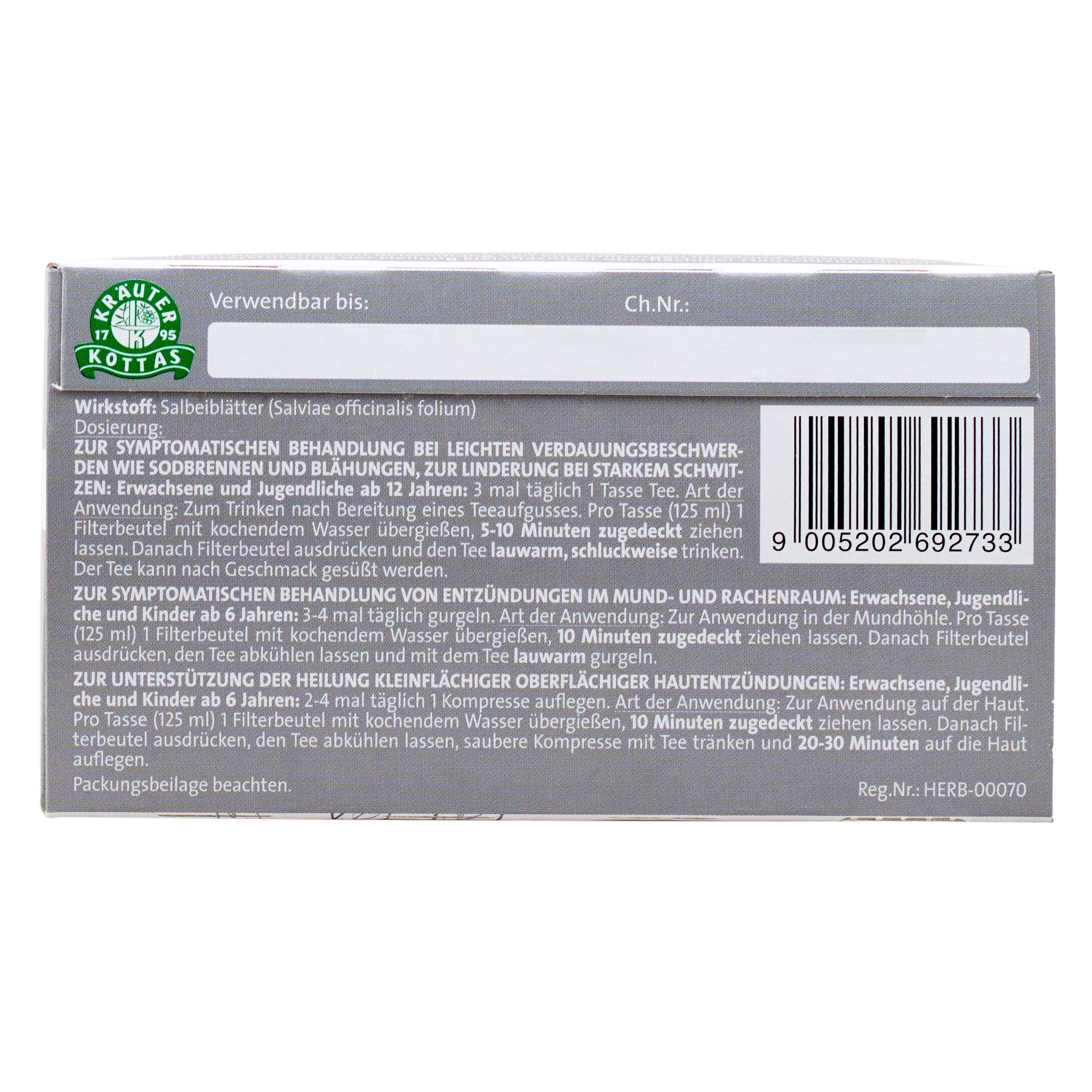 Rückseite der DR. KOTTAS Salbeitee Packung mit Anwendungshinweisen und Barcode.