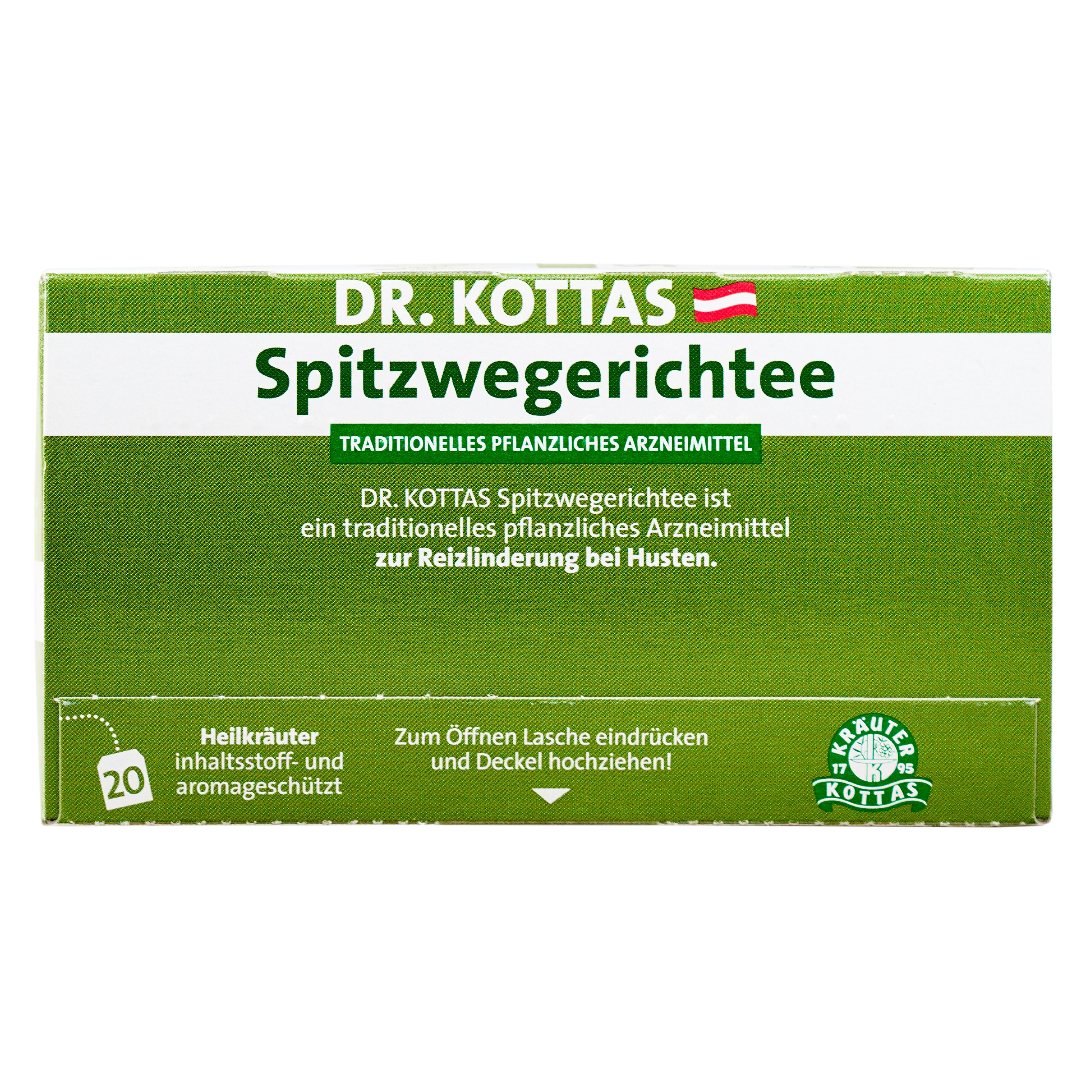DR. KOTTAS Spitzwegerich Tee Packung, Vorderseite mit 20 Teebeuteln, Kräuterinhalt.