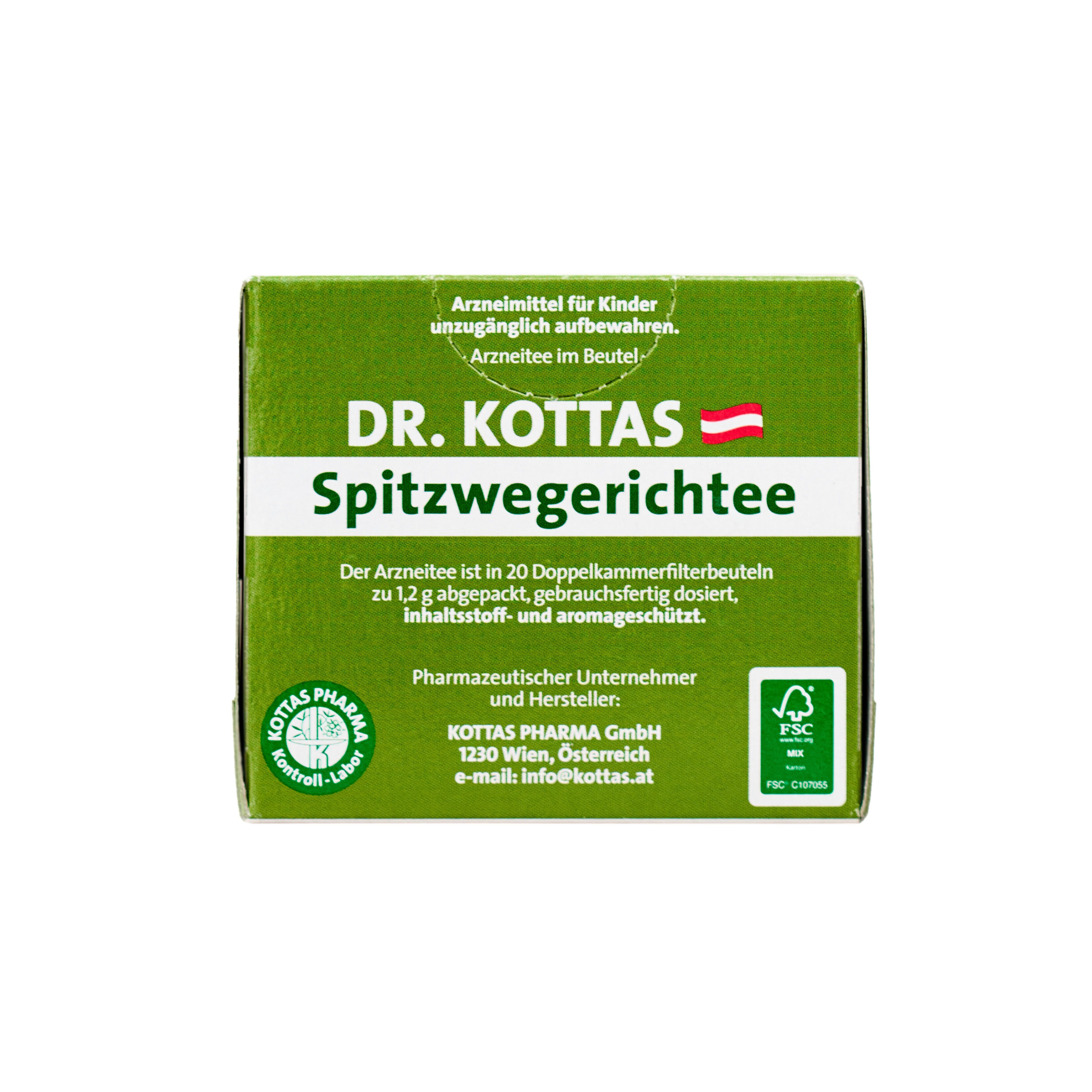 DR. KOTTAS Spitzwegerich Tee Packung, Seite mit Produktinformationen und FSC-Logo.