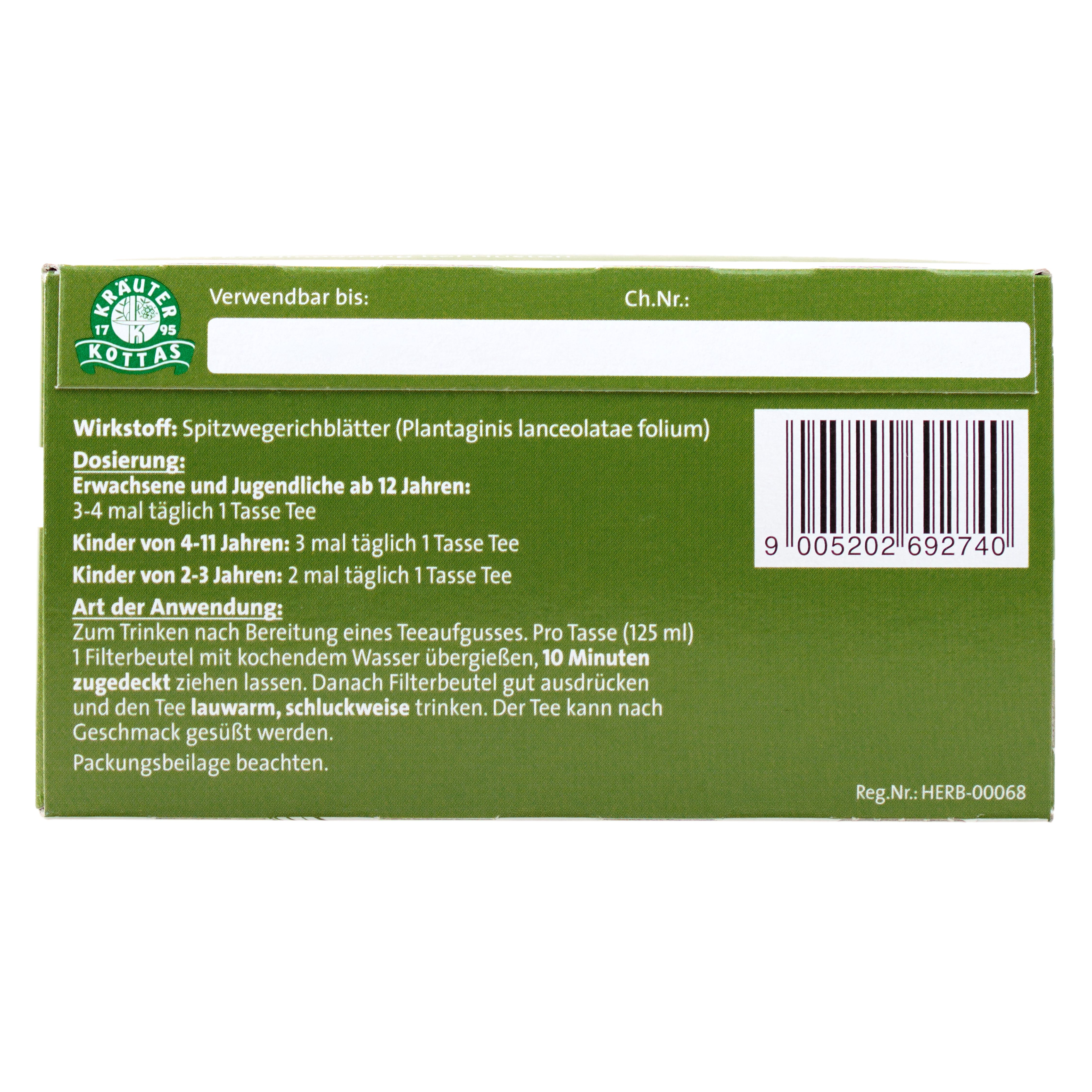 DR. KOTTAS Spitzwegerich Tee Packung, Rückseite mit Anwendungshinweisen und Barcode.