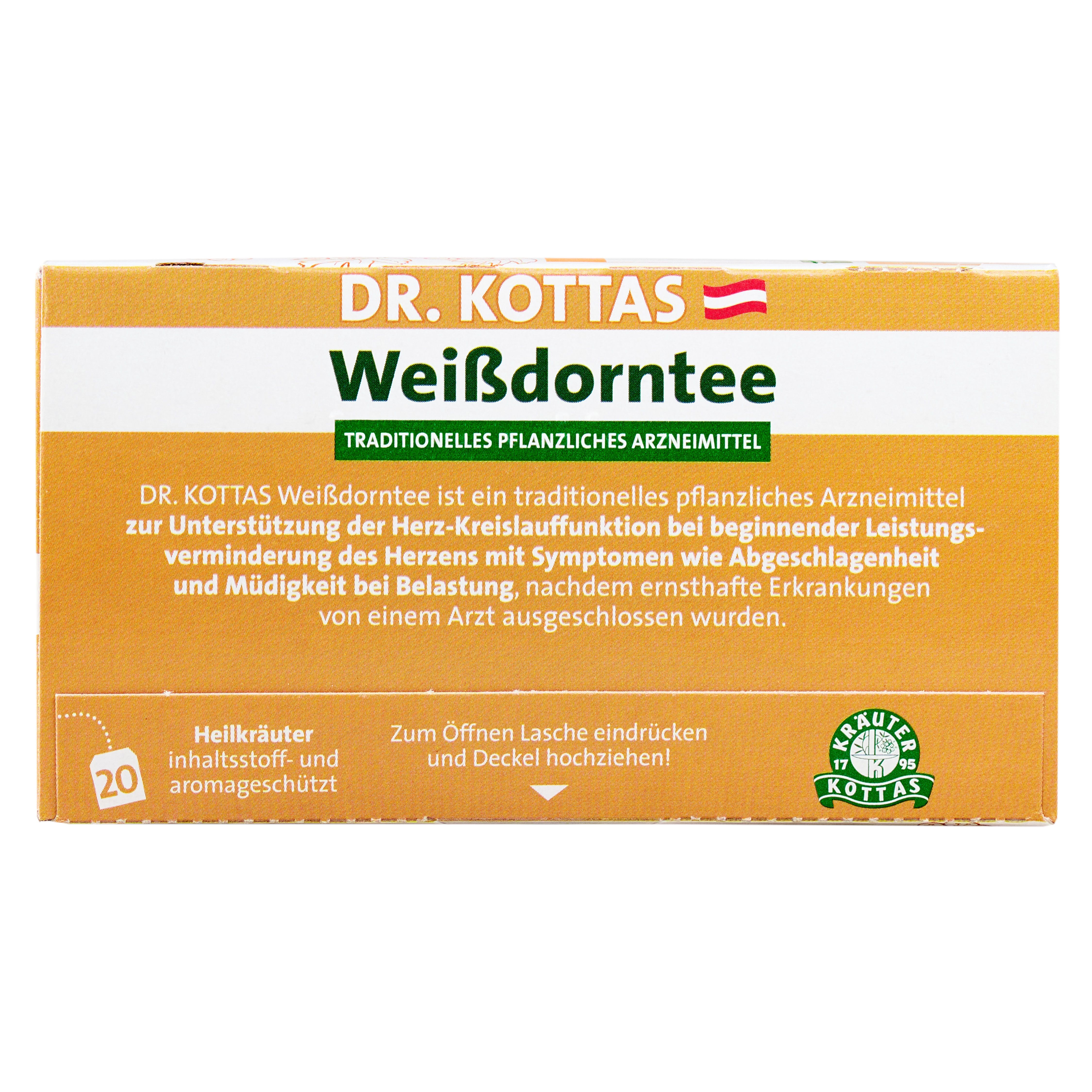 Dr. Kottas Weißdorntee Packung mit 20 Doppelkammerfilterbeuteln.