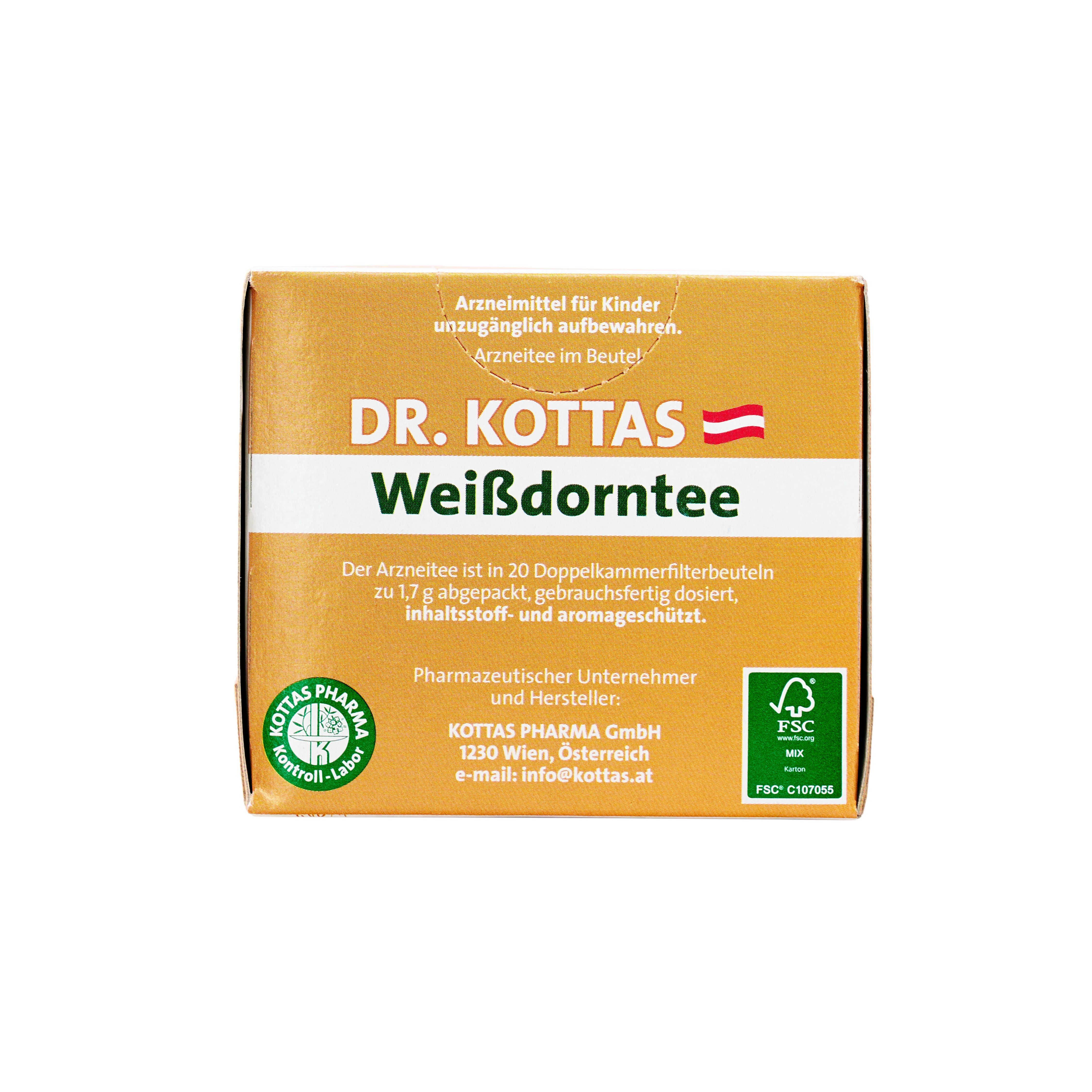 Dr. Kottas Weißdorntee Packung mit 20 Doppelkammerfilterbeuteln.