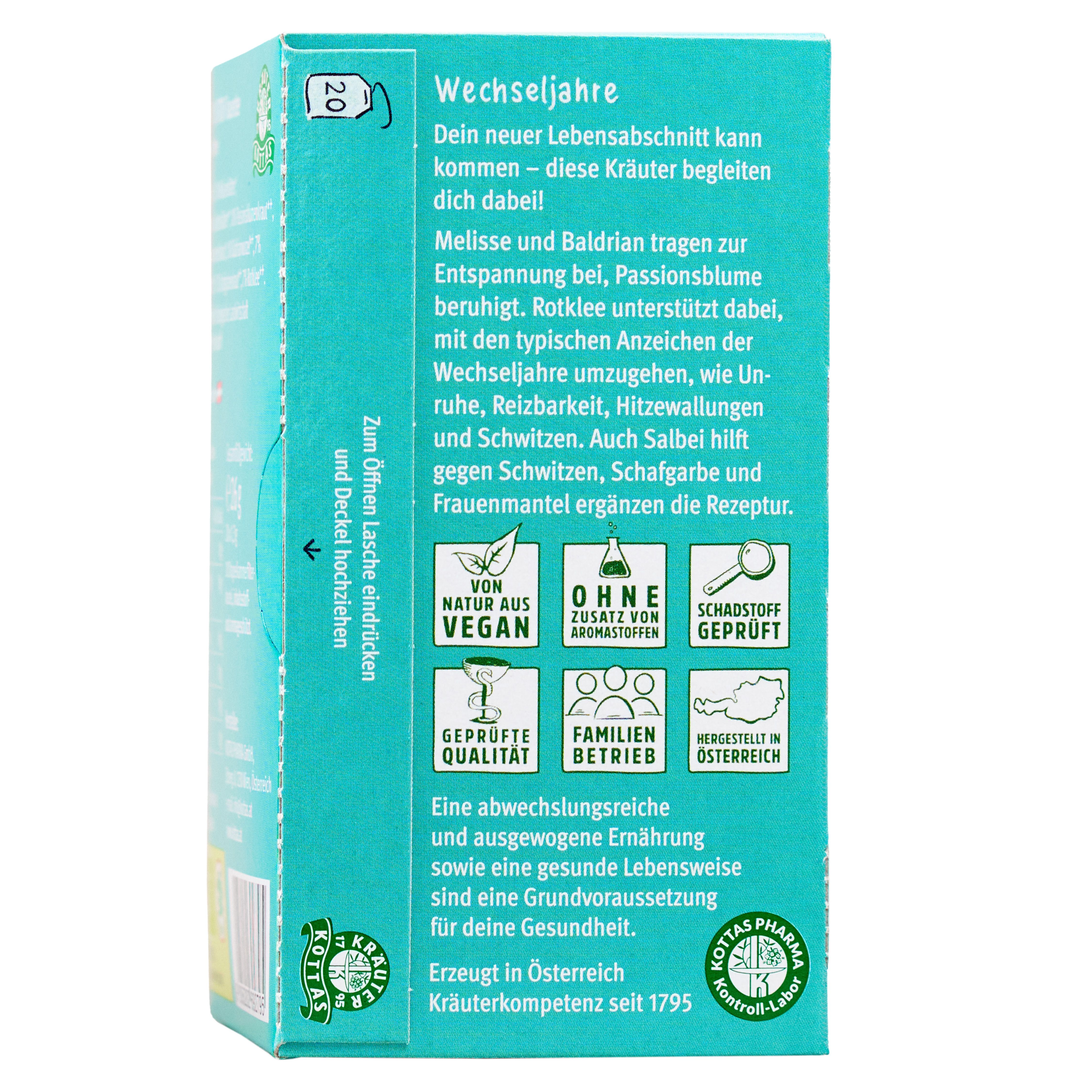 Kräutertee-Verpackung mit Bio-Siegel und Hinweisen zu Inhaltsstoffen wie Melisse und Baldrian.