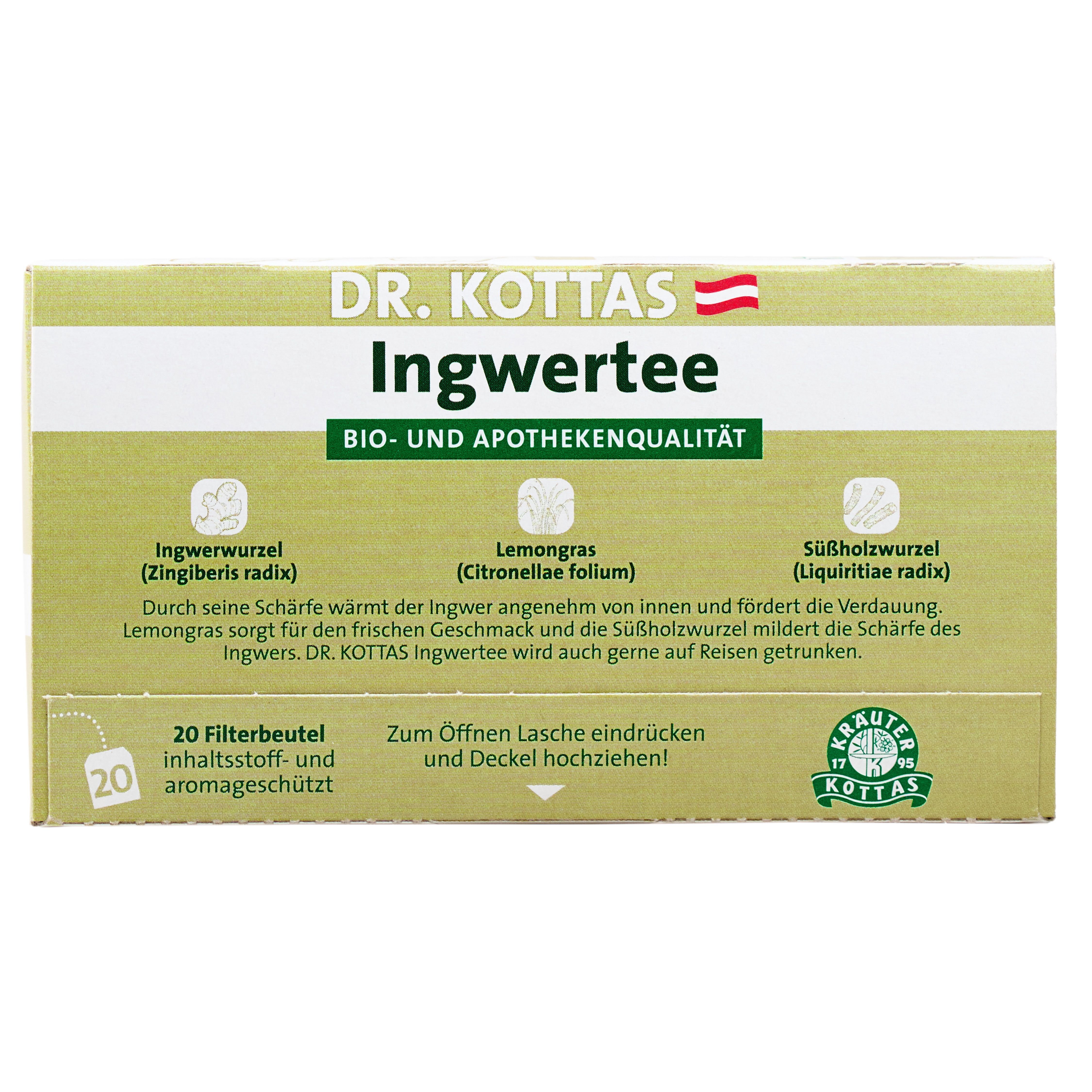 Dr. Kottas Ingwertee Packung: 20 Filterbeutel, Bio- und Apothekenqualität.