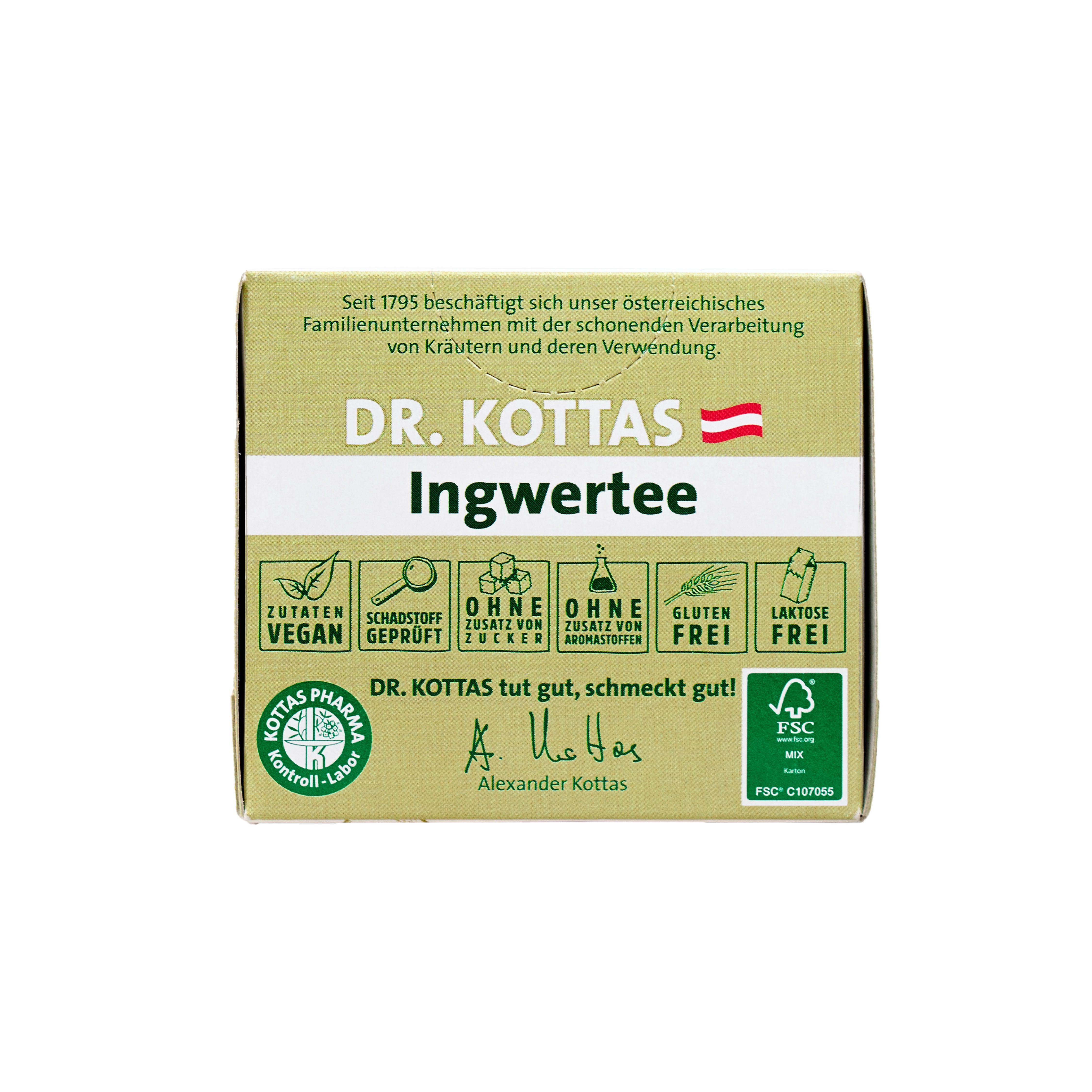 Dr. Kottas Ingwertee Packung: Bio- und Apothekenqualität, vegan, glutenfrei, laktosefrei.