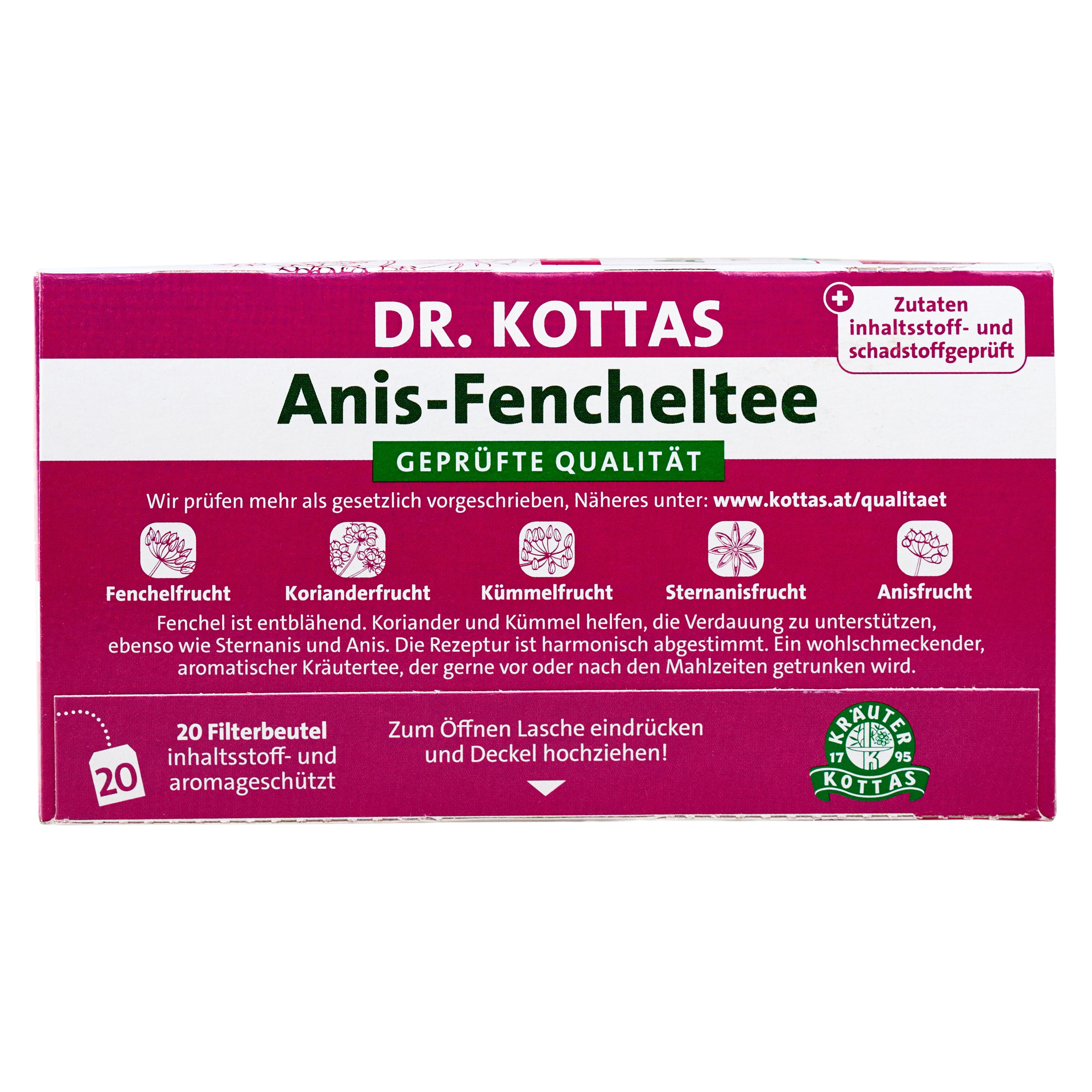 Dr. Kottas Anis-Fencheltee Verpackung mit Informationen zu Zutaten und 20 Filterbeuteln.