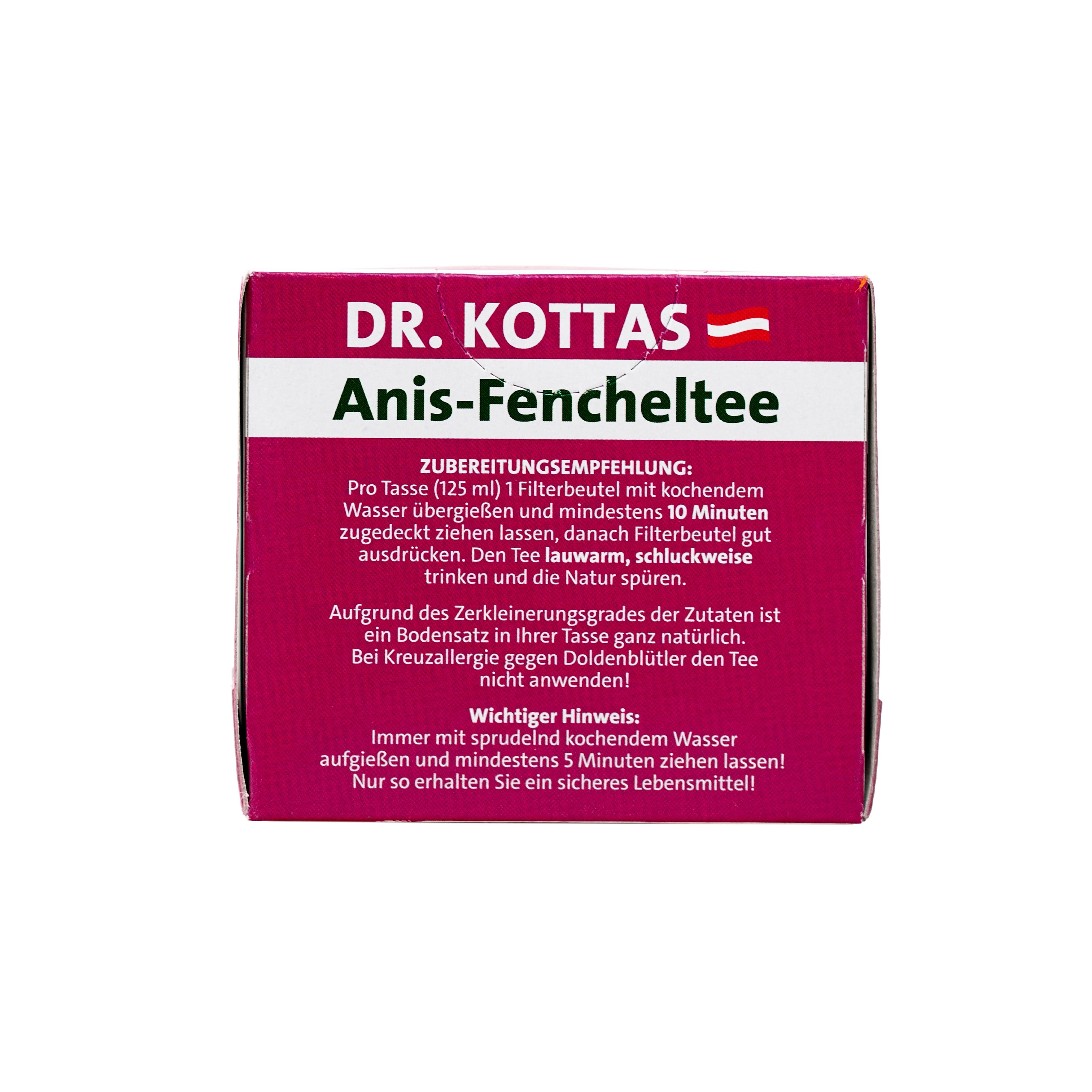 Dr. Kottas Anis-Fencheltee Packung: Zubereitungsempfehlung und wichtige Hinweise.