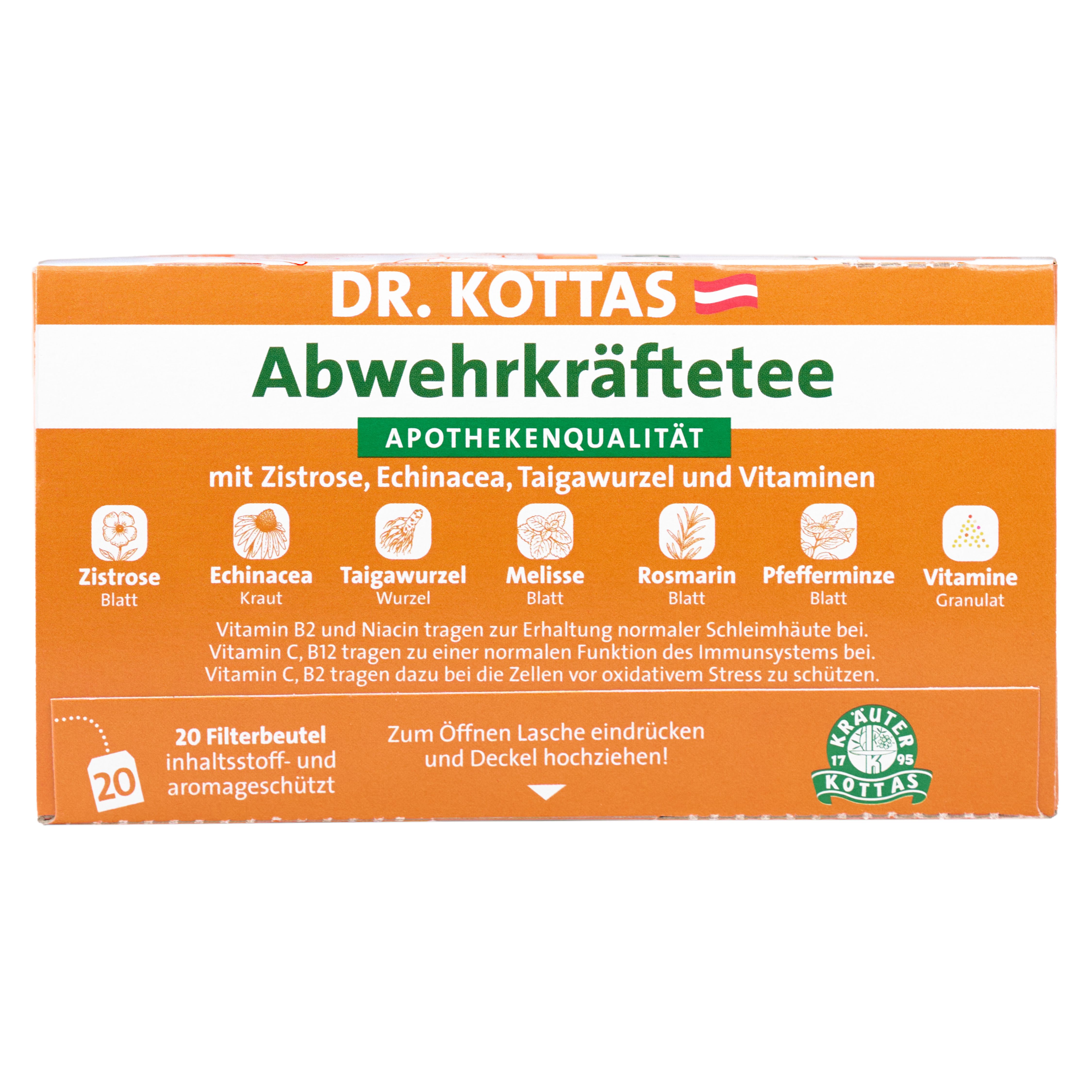 DR. KOTTAS Abwehrkräftetee Rückseite mit Zutatenliste und Zubereitung.