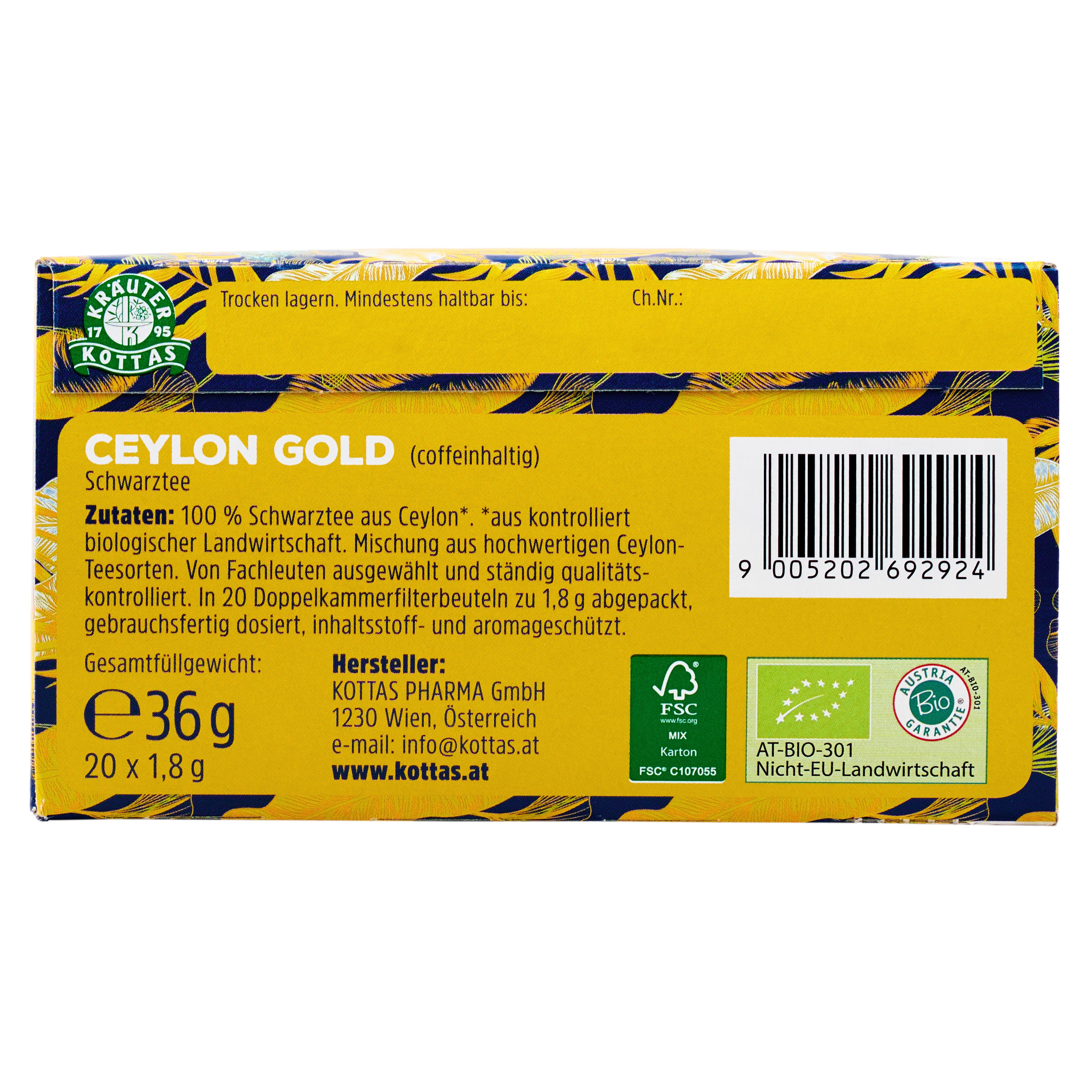 Packung Ceylon Gold Schwarztee, 20 Doppelkammerfilterbeutel à 1,8g, Gesamtgewicht 36g.